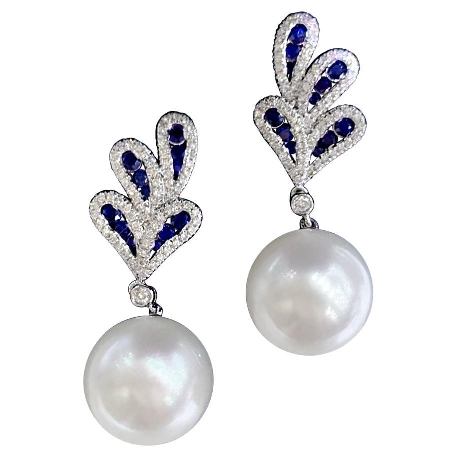 【Vine Symphony】Celestial Plumage South Sea Pearl Sapphire Diamond Earrings
