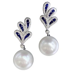 【Vine Symphony】Celestial Plumage South Sea Pearl Sapphire Diamond Earrings