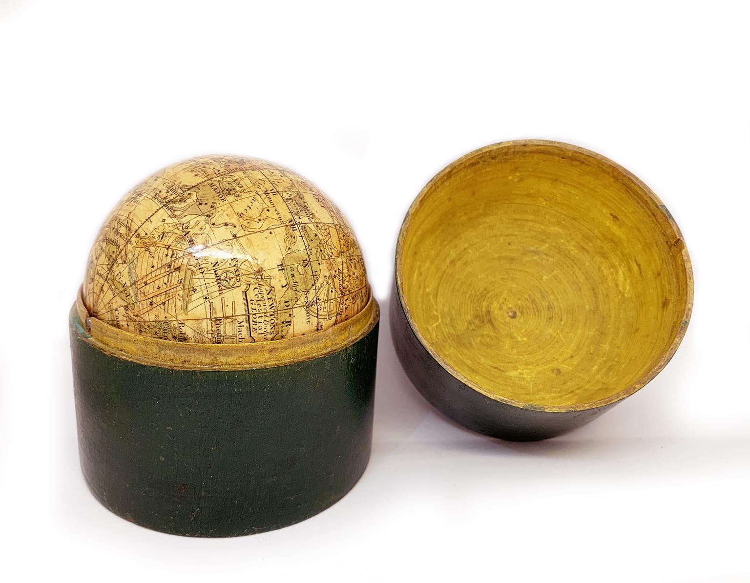 Pocket Globe
Newton
London, 1860 circa

The globe is contained in a cylindrical box of turned and stained wood.
It measures: the globe 3 in (7,6 cm) in diameter; the box 3.54 in (9 cm) in height x 3.26 in (8,3 cm) in diameter. 
It weights: