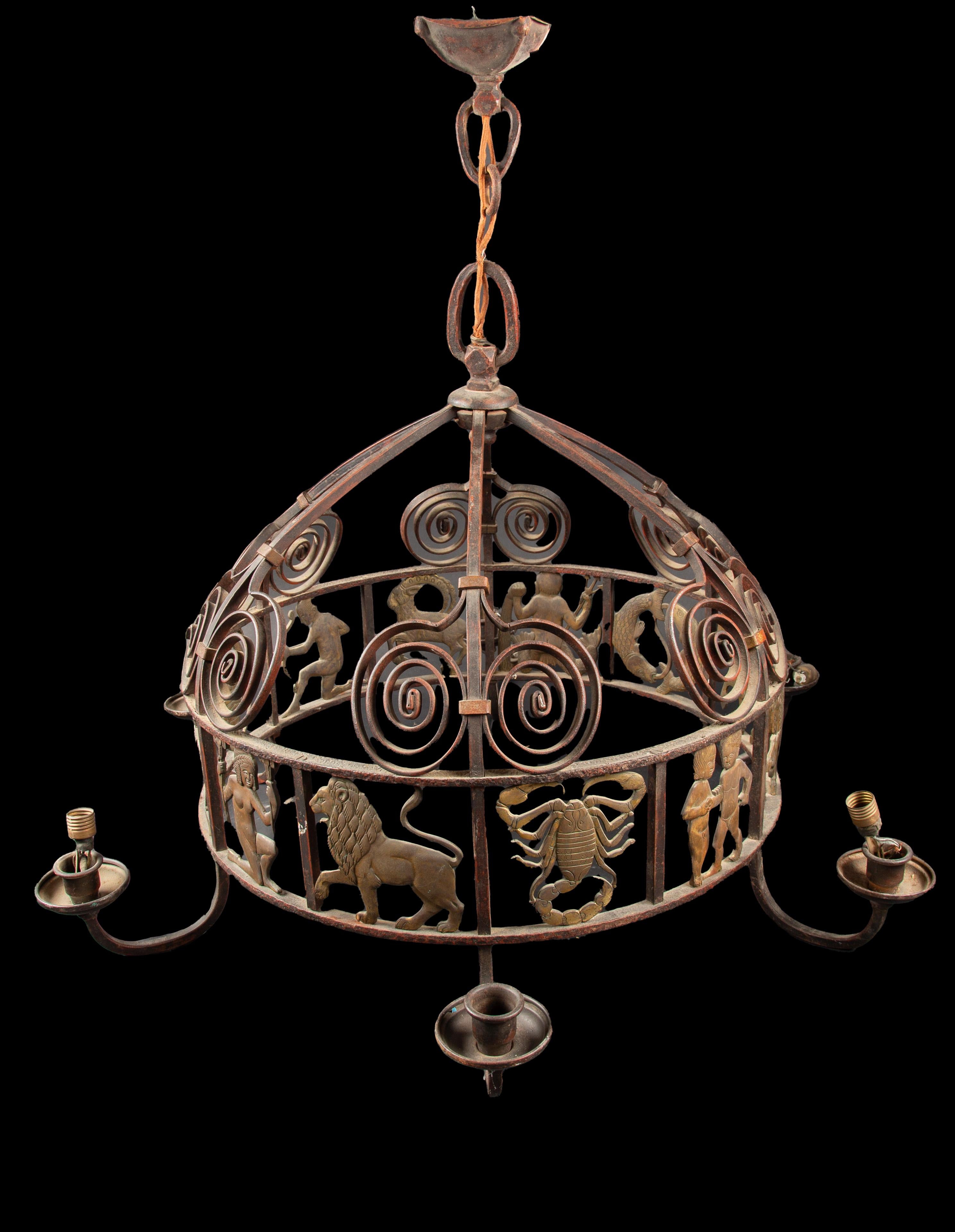 An exquisite large one of a kind  French High Art Deco chandelier—a true masterpiece of craftsmanship. Crafted with meticulous attention to detail, this celestial-inspired light fixture showcases intricate ironwork that dances with elegance. Each