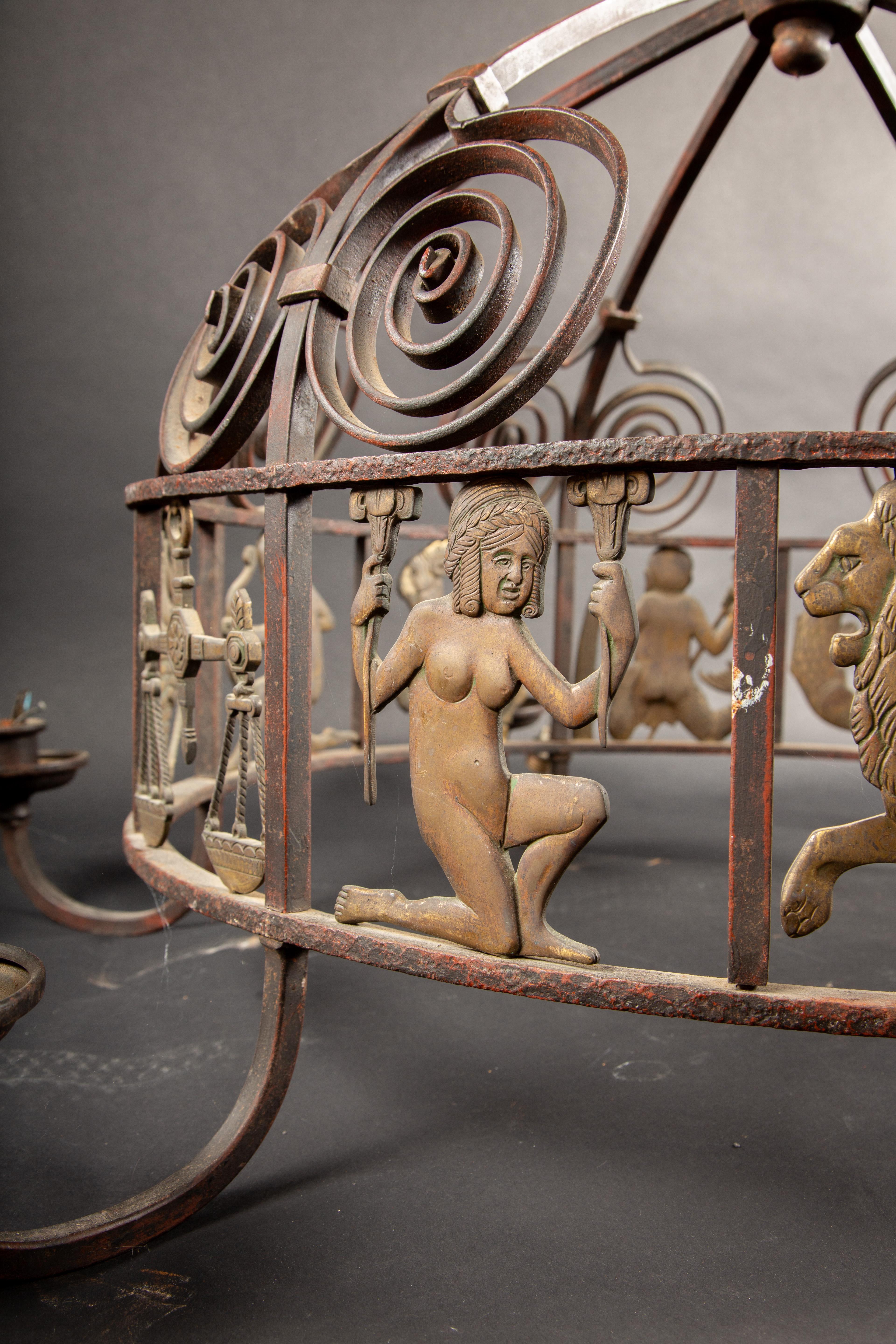 Celestial Splendor: 1920's French Art Deco Iron and Bronze Zodiac Chandelier For Sale 2