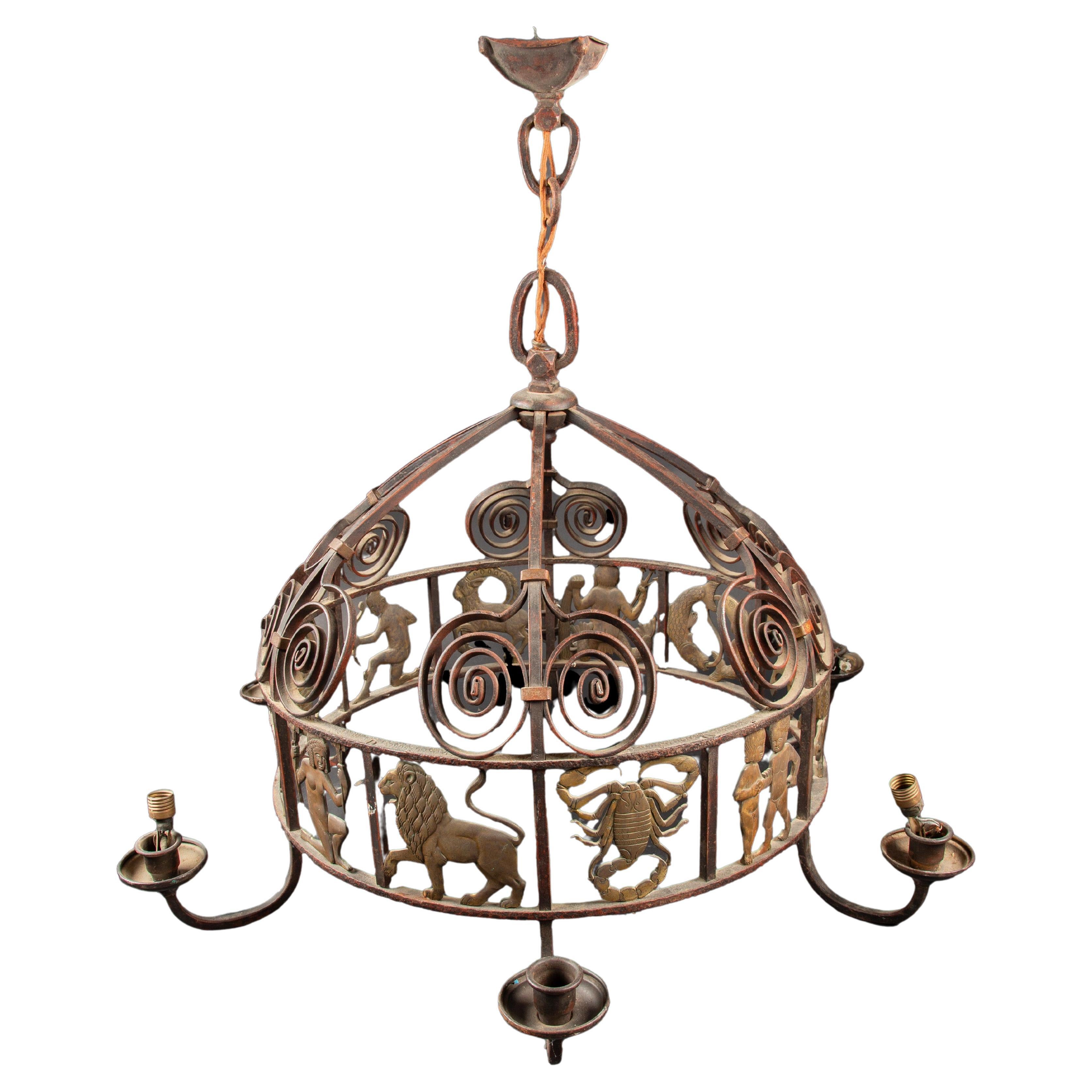 Celestial Splendor: 1920's French Art Deco Iron and Bronze Zodiac Chandelier For Sale