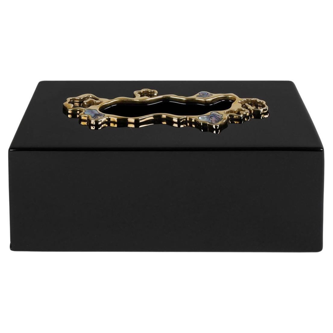 Celestial Tissue Box Black Large in Lacquer Wood & Brass, Viya By Vikram Goyal