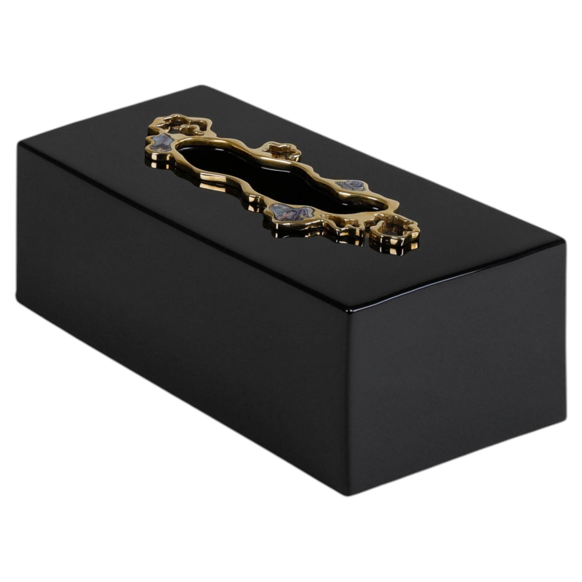 Celestial Tissue Box Black Large in Lacquer Wood & Brass, Viya By Vikram Goyal For Sale
