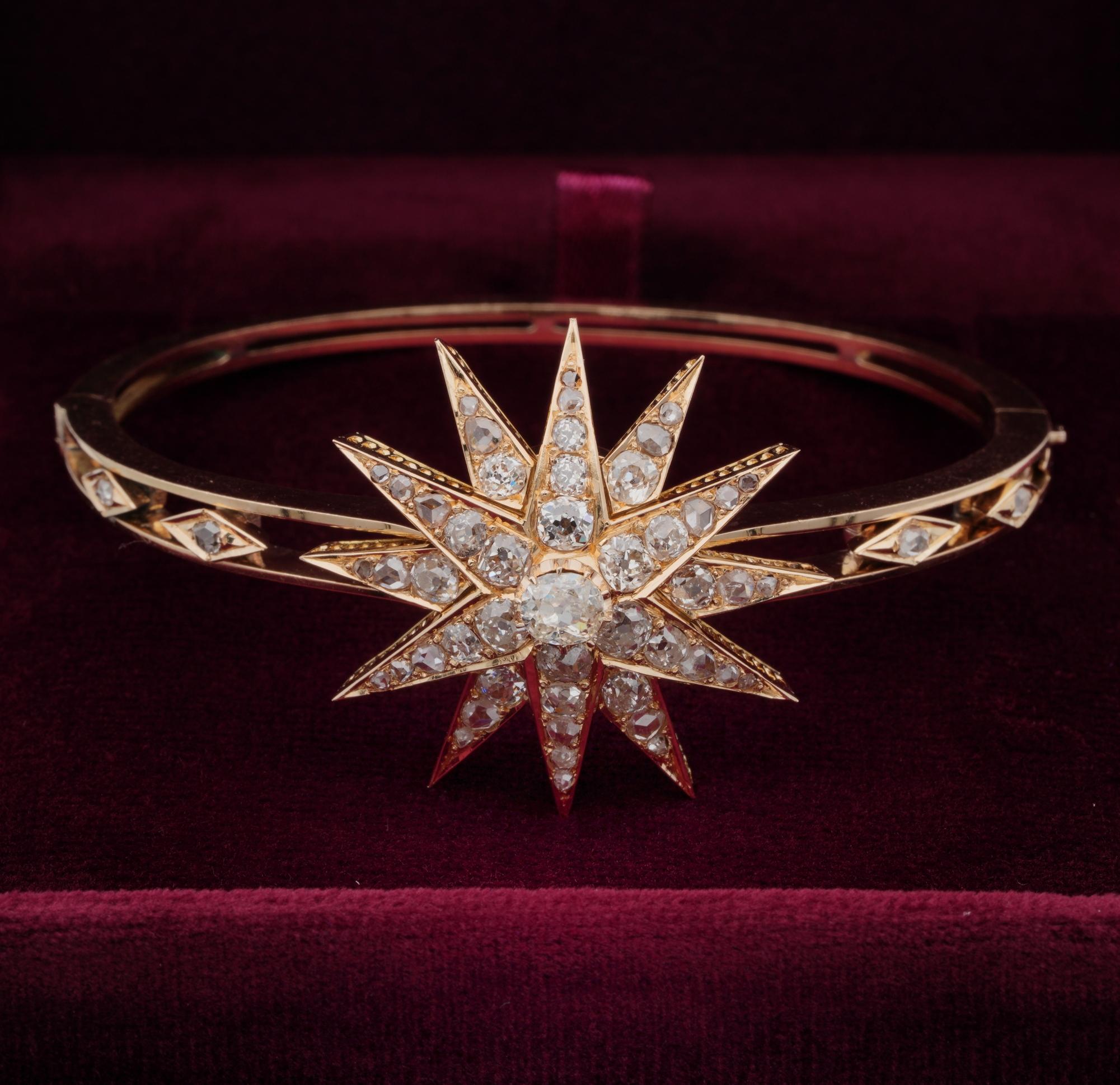  Dropped from sky!

This outstanding authentic Victorian bangle is dropped from sky!
Rare , beautiful and relevant in size is overwhelmed by old mine cut Diamonds
Celestial motifs were the favourite during Victorian period
This is one of the finest