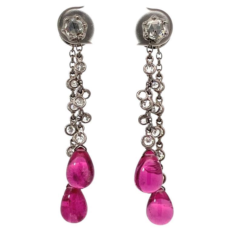 "Celestial Vine" Old Cut 
Rubellite Chandelier Earrings by Dilys’ For Sale