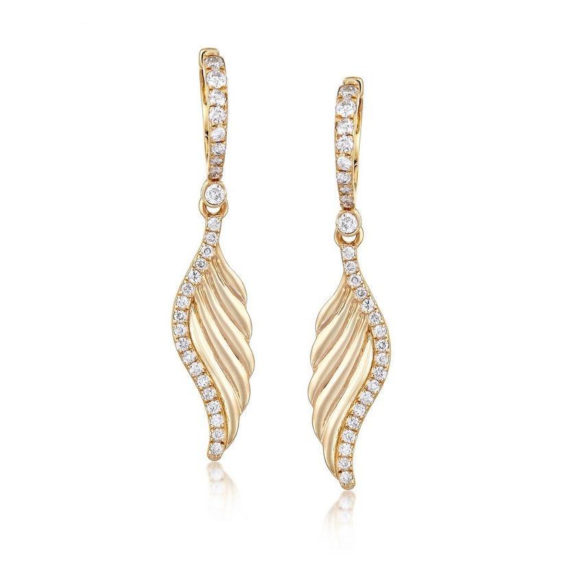 Moderne Boucles d'oreilles pendantes en or jaune 14K avec diamants, Aile céleste en vente