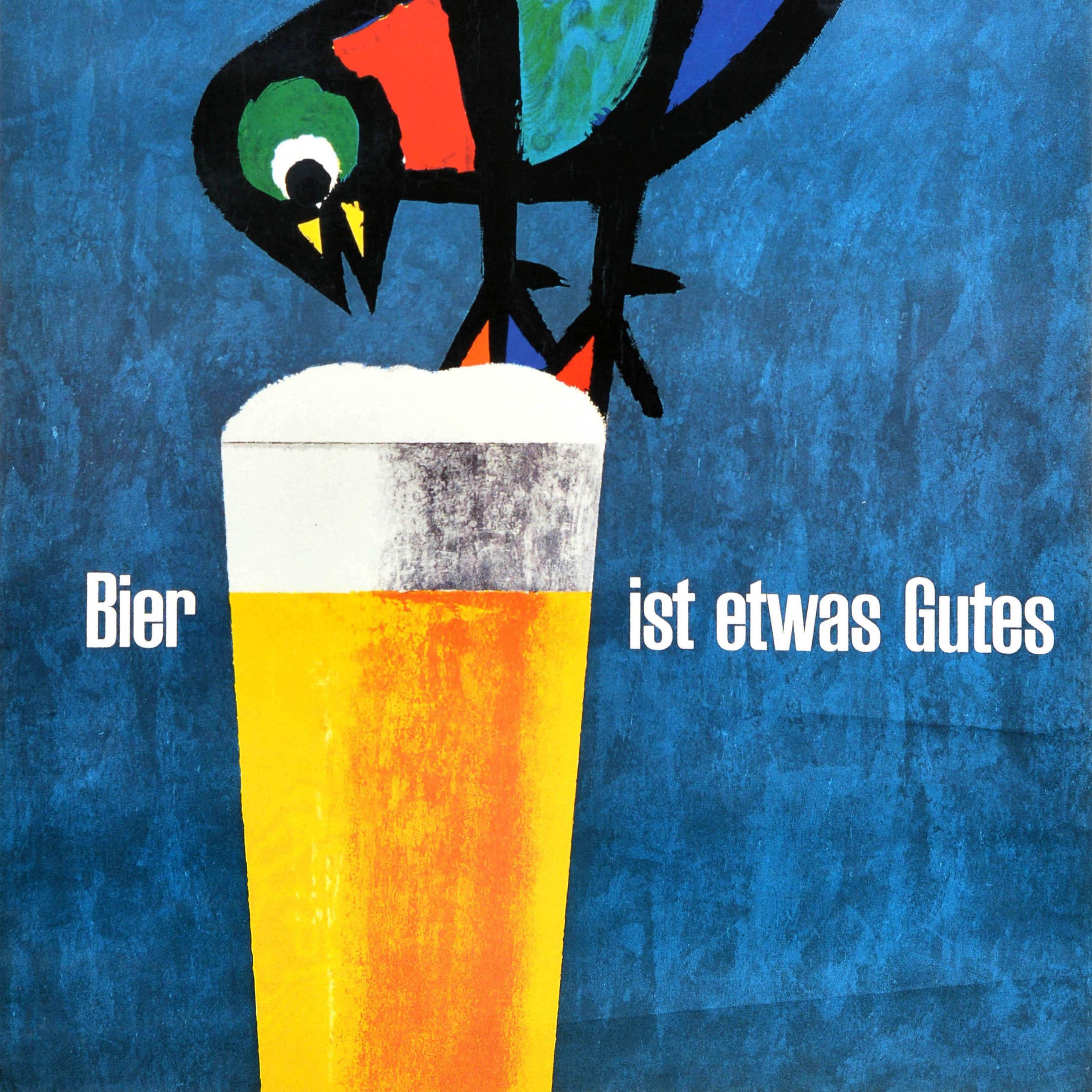 Original Vintage Drink Advertising Poster Beer Is A Good Thing Bird Piatti Bier - Blue Print by Celestino Piatti