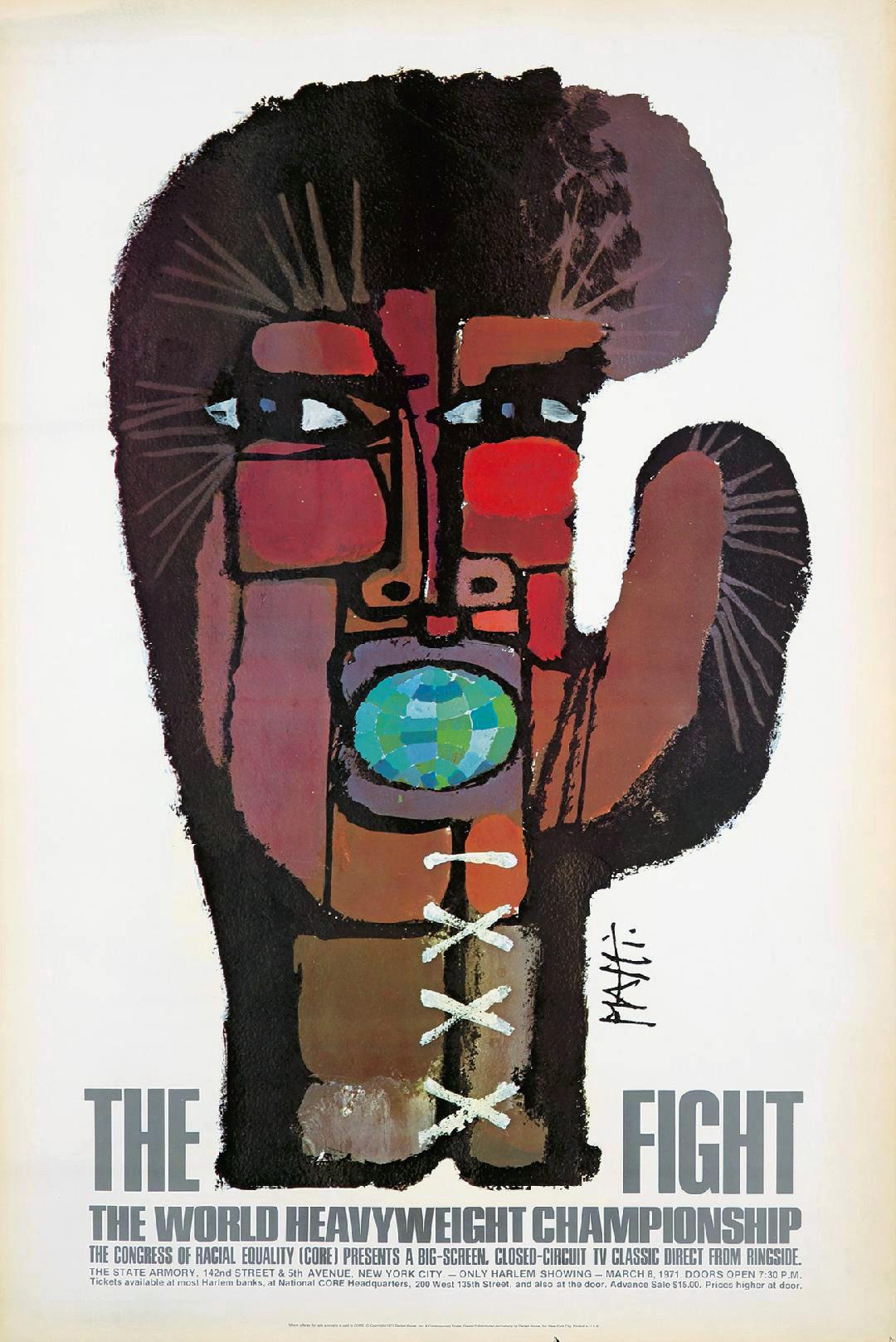 Der Kampf" von Celestino Piatti
Das 30 x 45 Zoll große Plakat wurde 1971 vom Schweizer Künstler Celestino Piatti entworfen, um für die exklusive Vorführung des ersten Ali/Frazier-Kampfes am 8. März 1971 im Madison Square Garden in Harlem zu werben.