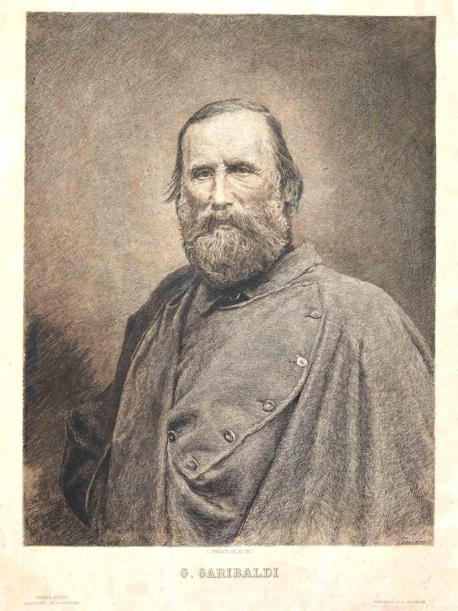 Portrait Print Celestino Turletti  - Portrait de Giuseppe Garibaldi - Lithographie de C. Turletti - 19ème siècle