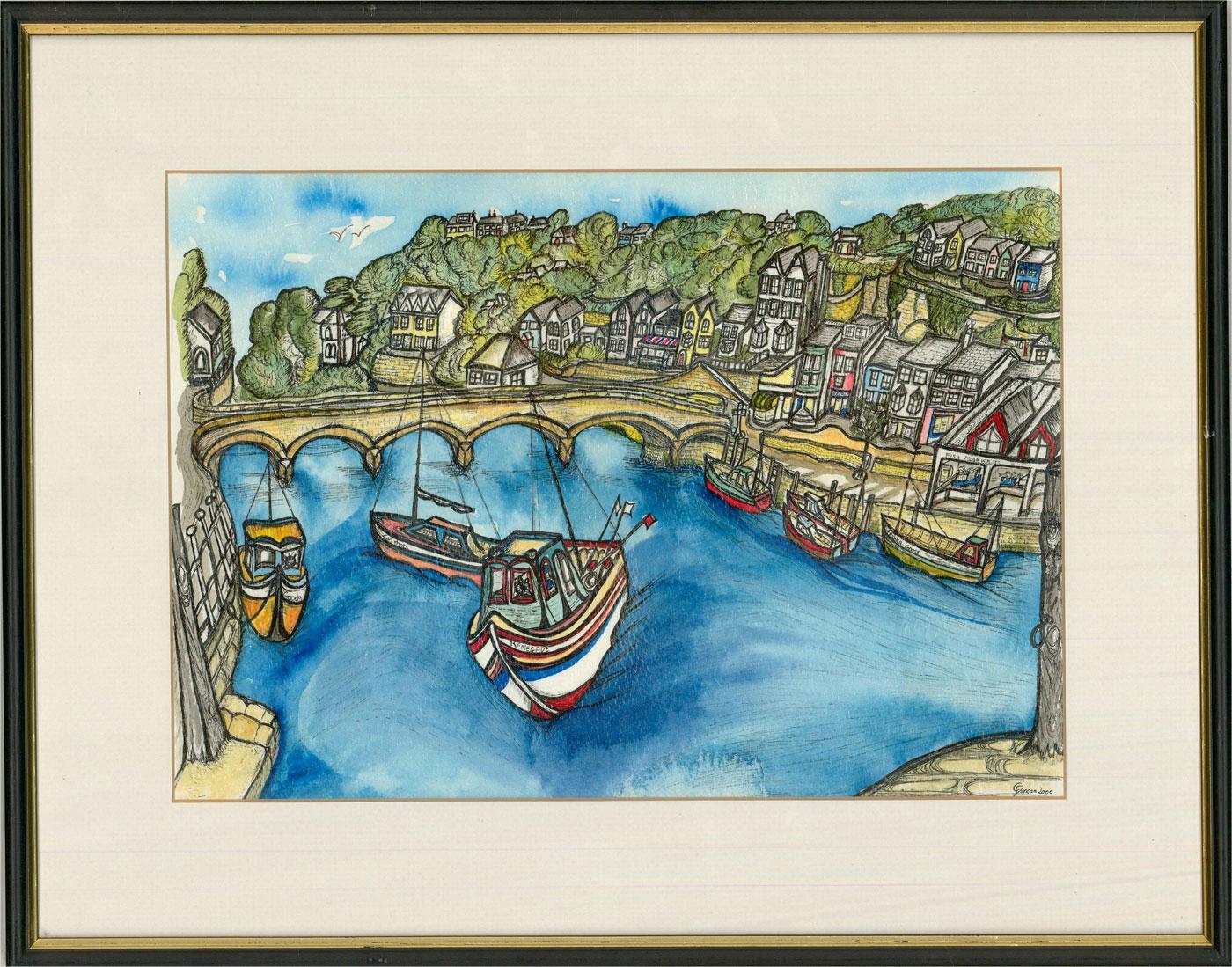 A vibrant and colorful harbour scene in acrylic ink showing a small boat called 