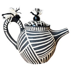 Celia Whimsical Handmade Striped Black and White Ceramic Teapot