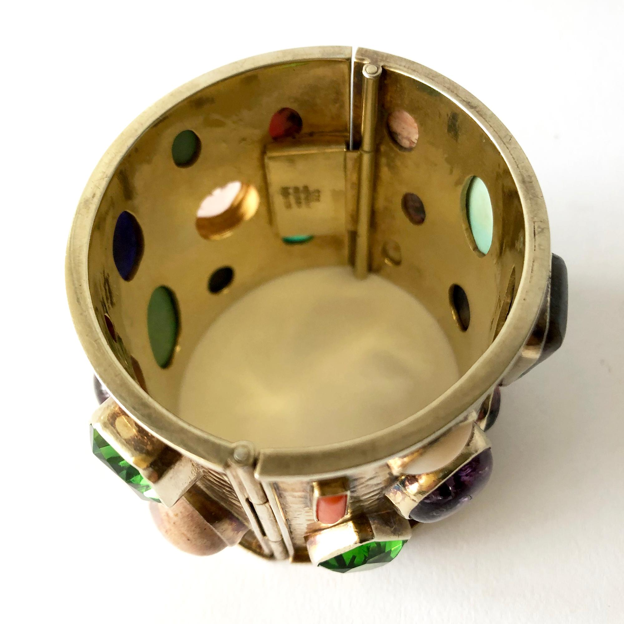 Modernist Celia Harms Sterling Silver Vermeil Semi Precious Gemstone Hinged Cuff Bracelet