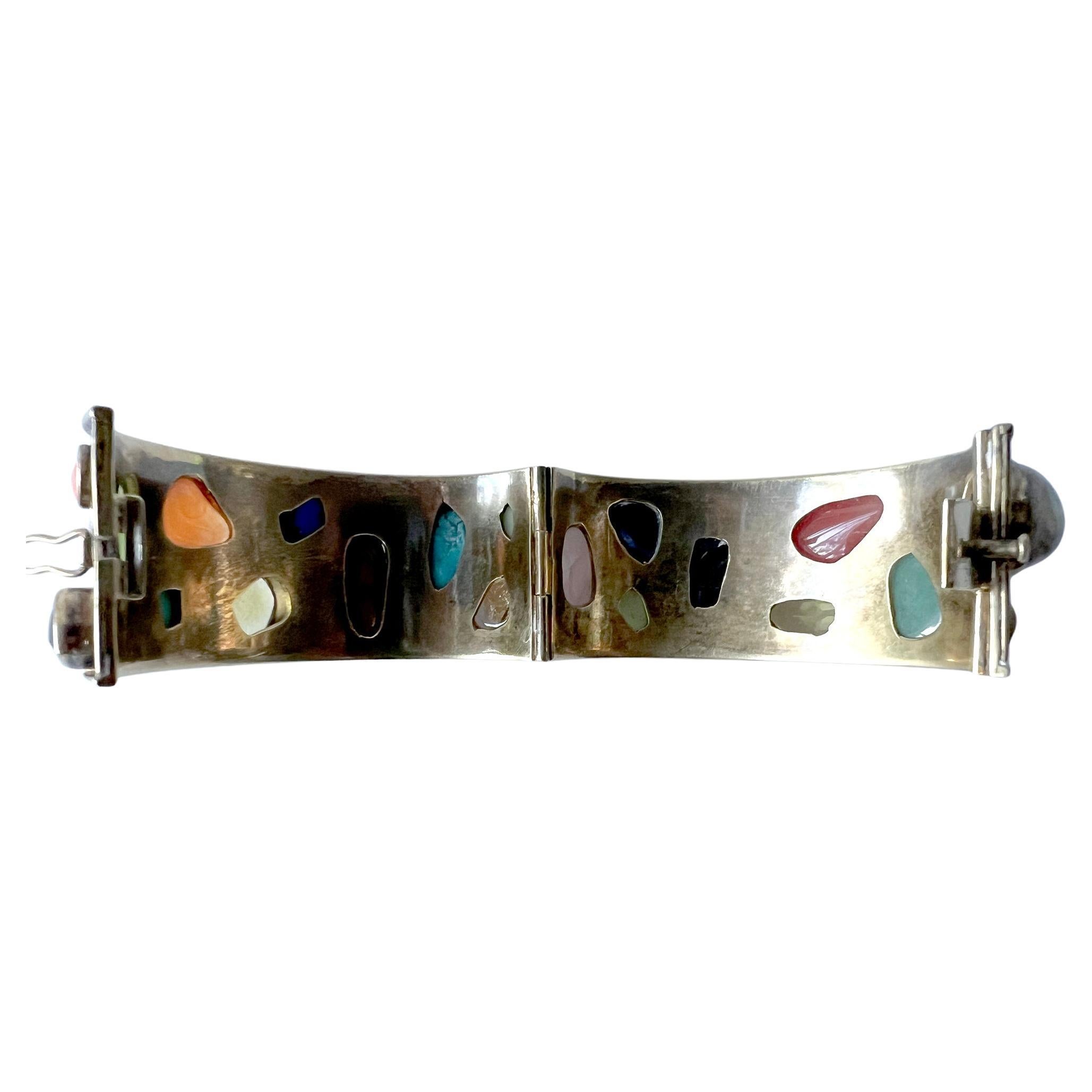 Artisan Celia Harms Sterling Silver Vermeil Semi Precious Gemstone Hinged Cuff Bracelet For Sale