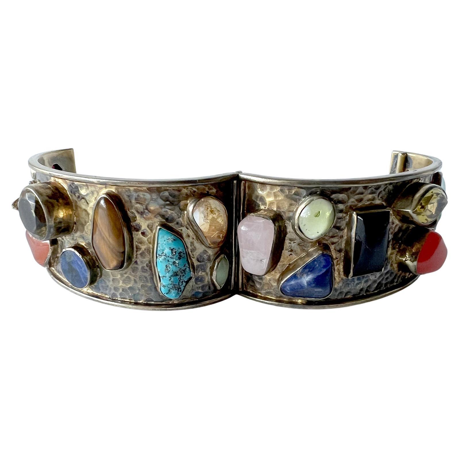 Women's Celia Harms Sterling Silver Vermeil Semi Precious Gemstone Hinged Cuff Bracelet For Sale