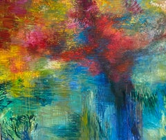 "El Río" (The River). Big format Landscape in blues, greens, reds, and yellows.