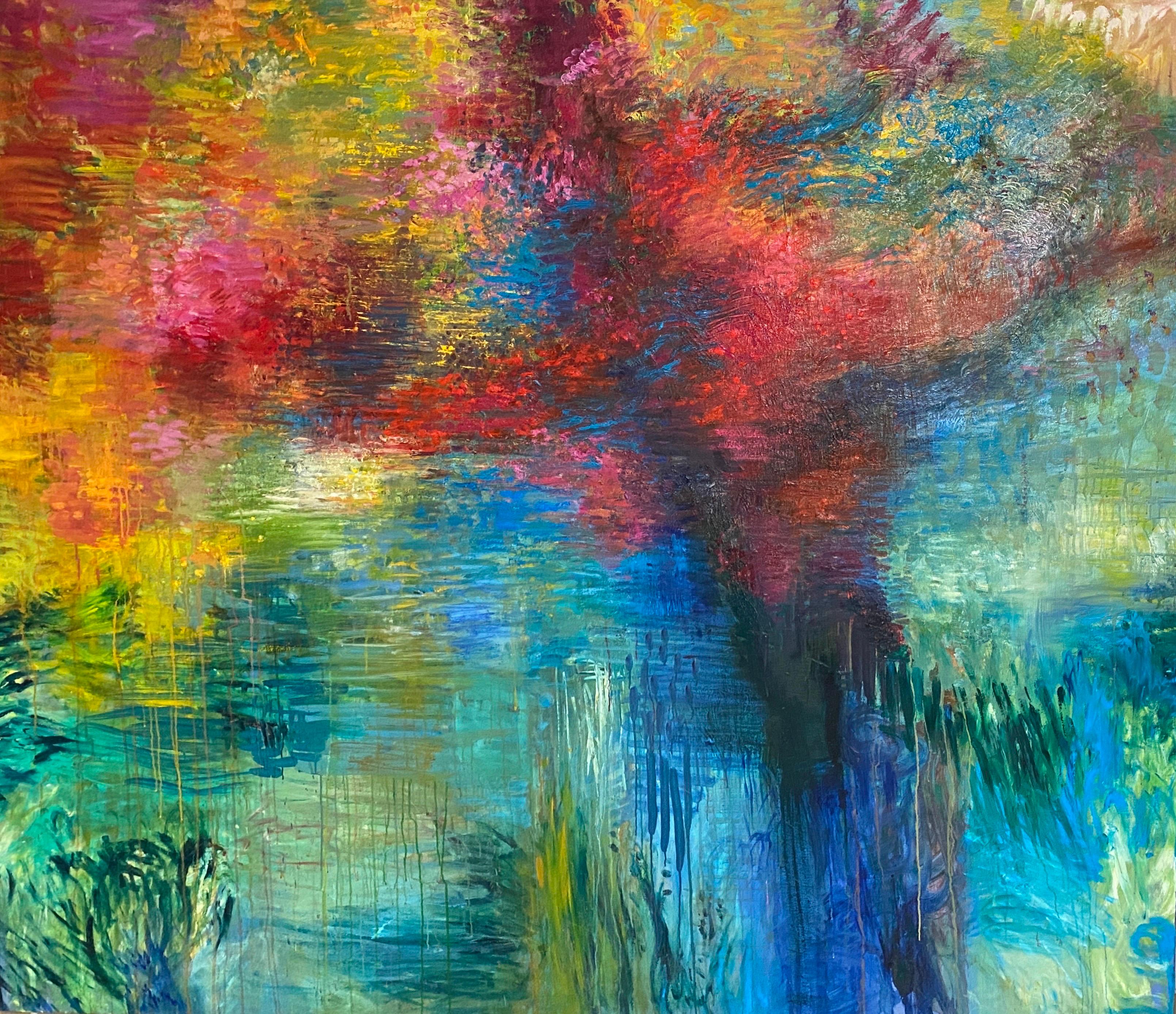 Celia Herranz Landscape Painting - "El Río" (The River). Big formAT Landscape in blues, greens, reds, and yellows.