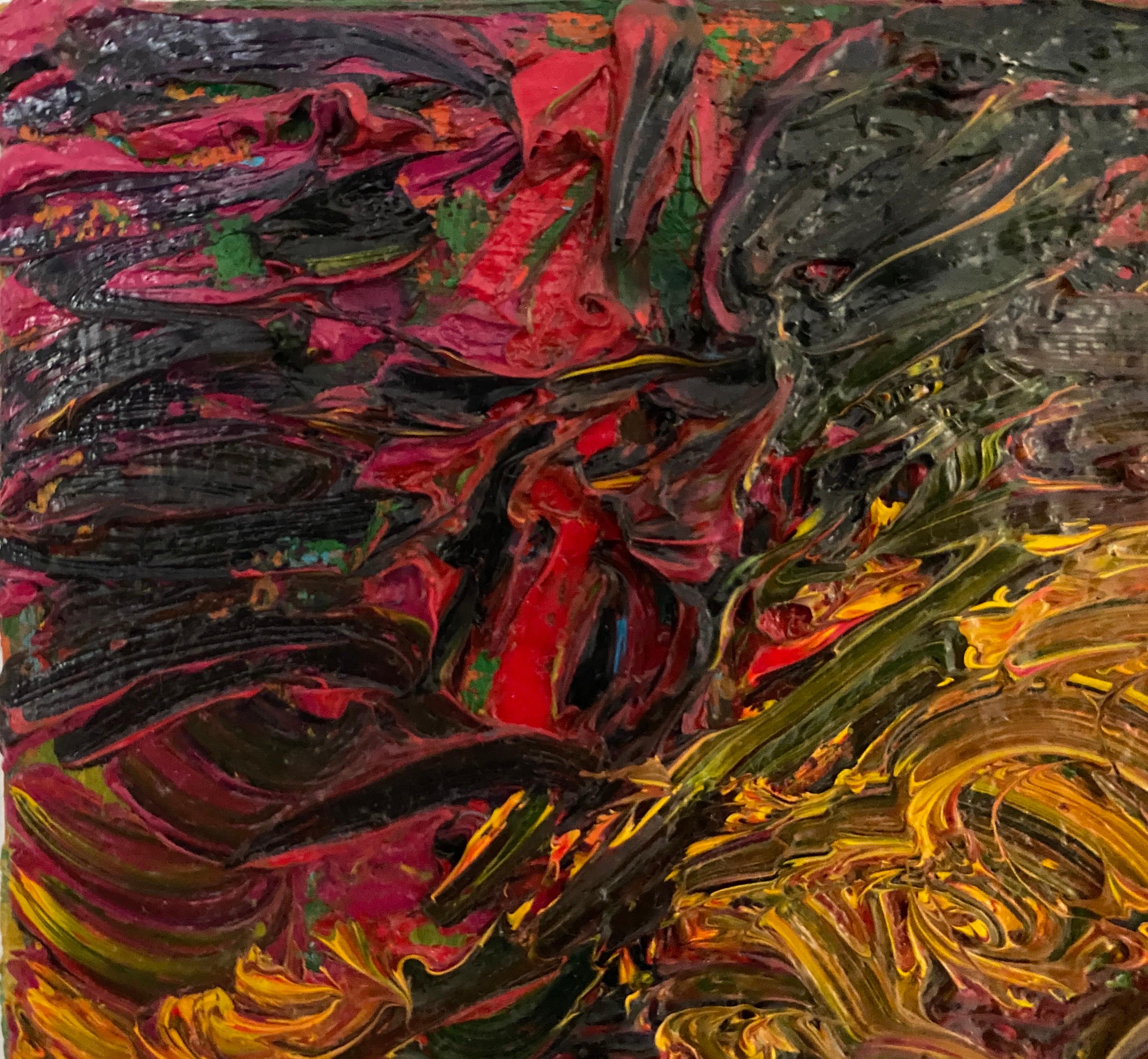 Au bord de la mer ''A la orilla''

Médium : Huile sur toile 
 Dimensions : 27 x 22 cm 

At the Shore devient un espace de transition chargé d'énergie chromatique. Des jaunes et des verts intenses s'opposent à des rouges profonds et à des tons