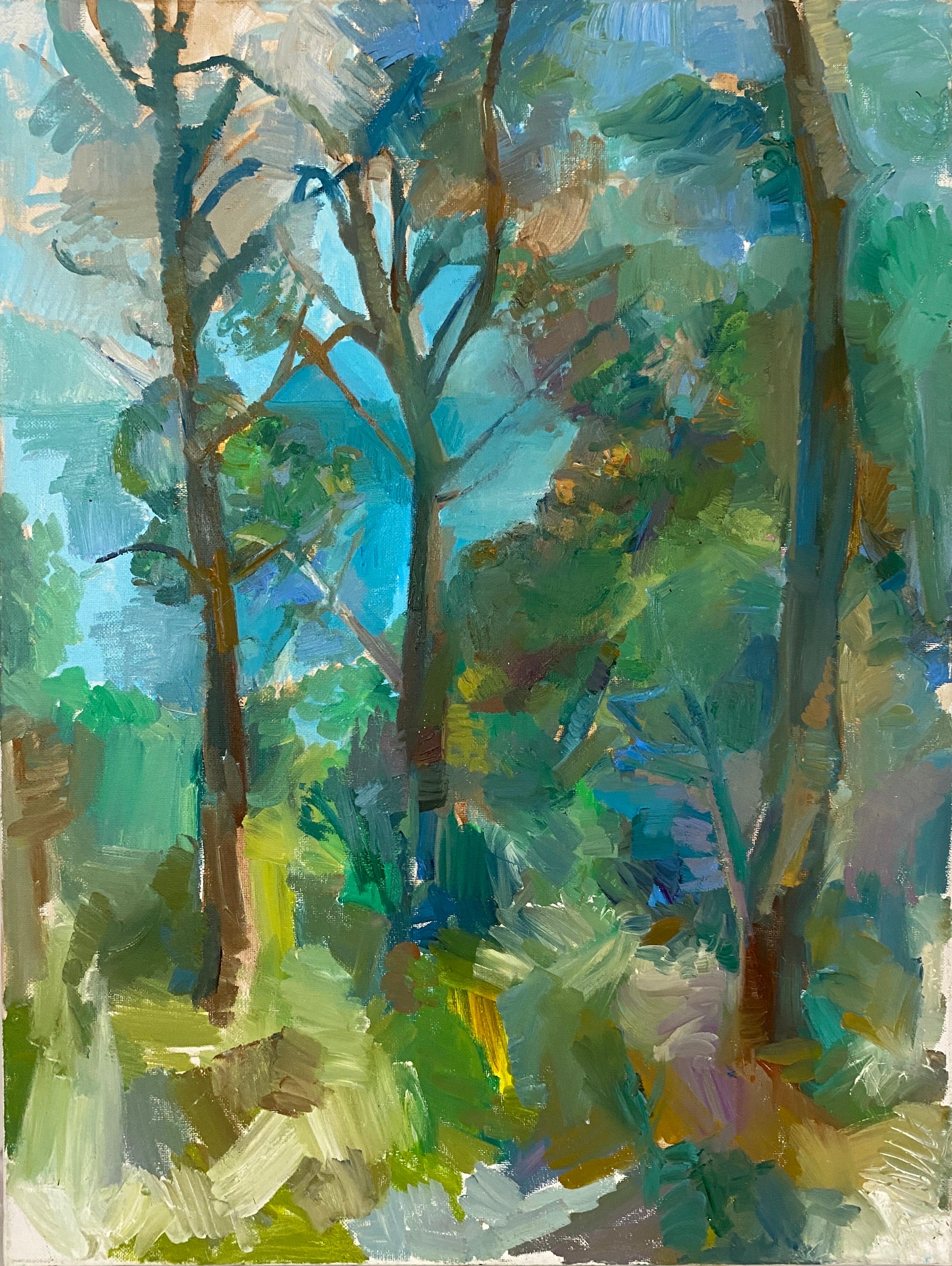 Celia Herranz Figurative Painting – "Paisaje de Mallorca" (Mallorcas Landschaft) in Grün-, Blau- und Erdtönen.