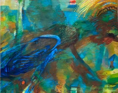 "Paisaje en movimiento". Paesaggio dinamico astratto in blu, verdi e ocra