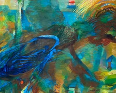 "Paisaje en movimiento". Paisaje abstracto dinámico en azules, verdes y ocres