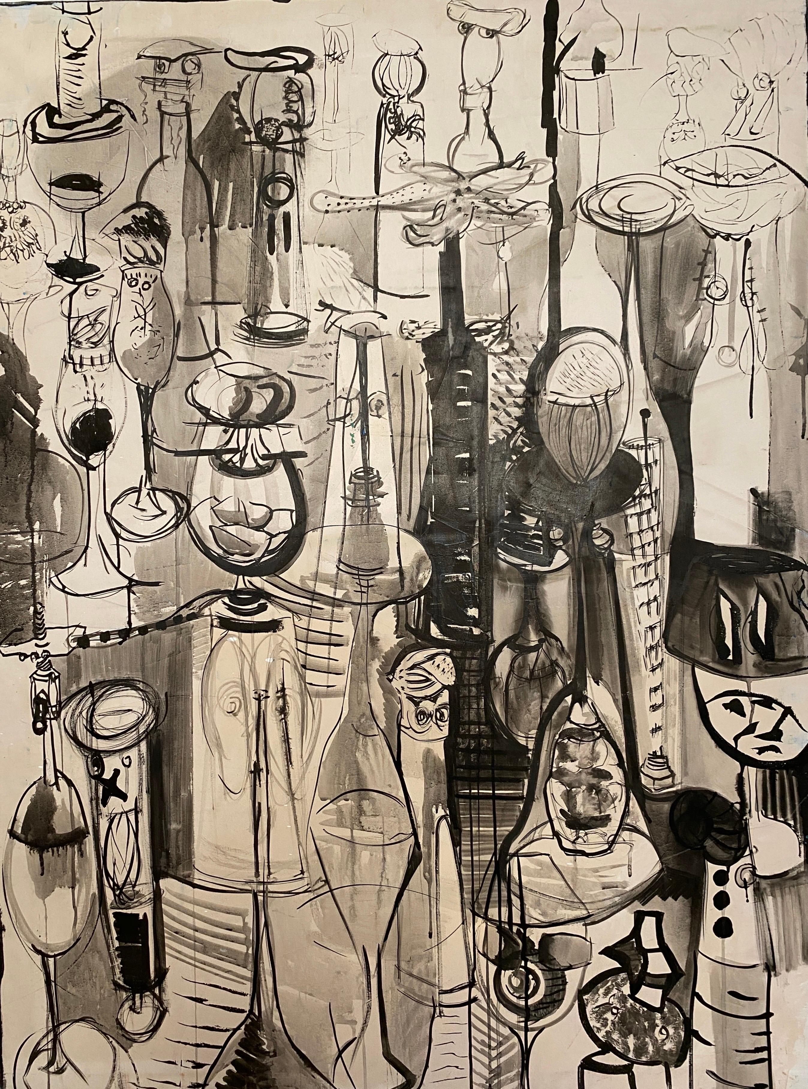 "Personajes" (Characters). Monochrome Black and Grey Conceptual Abstract Art. - Painting by Celia Herranz