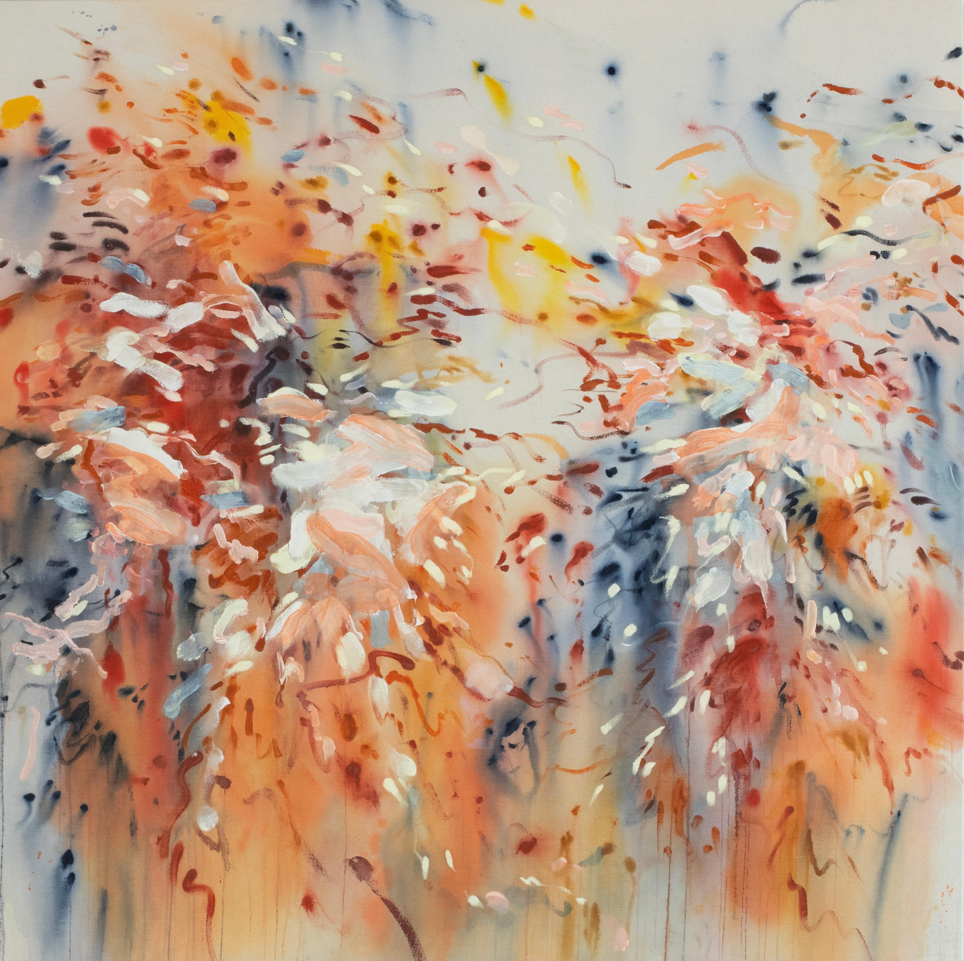 Ätherische abstrakte Malerei Floral Komposition Koralle, Pfirsich und Blau Celia Lees