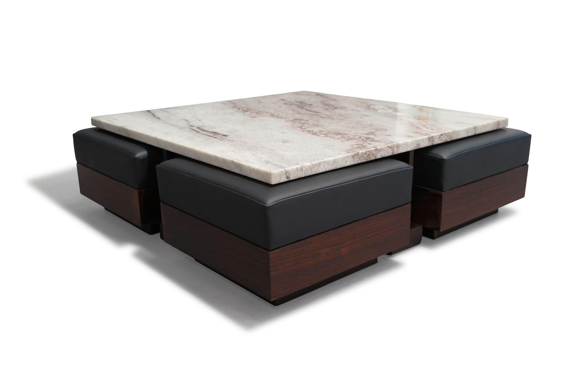 Unique and multi-functional Brazilian Modern marble-top coffee table and ottomans by Munis Zilberberg for Celina Decoracoes, Rio de Janeiro, Brazil, 1958. The coffee table features a rosewood X-shaped base with a marble top, accompanied by four