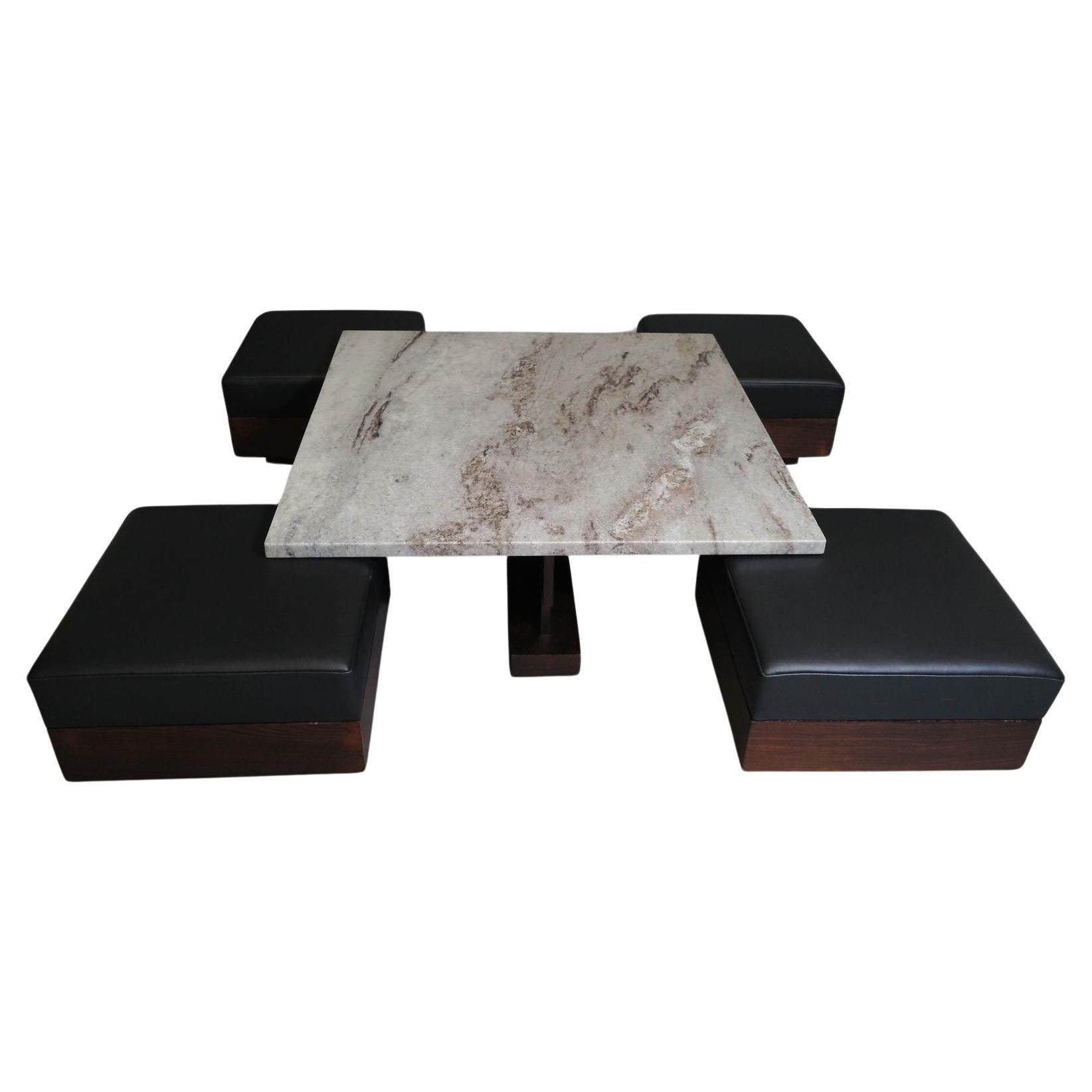 Celina Decorações Brazilian Modern Rosewood Coffee Table With Ottoman Benches For Sale