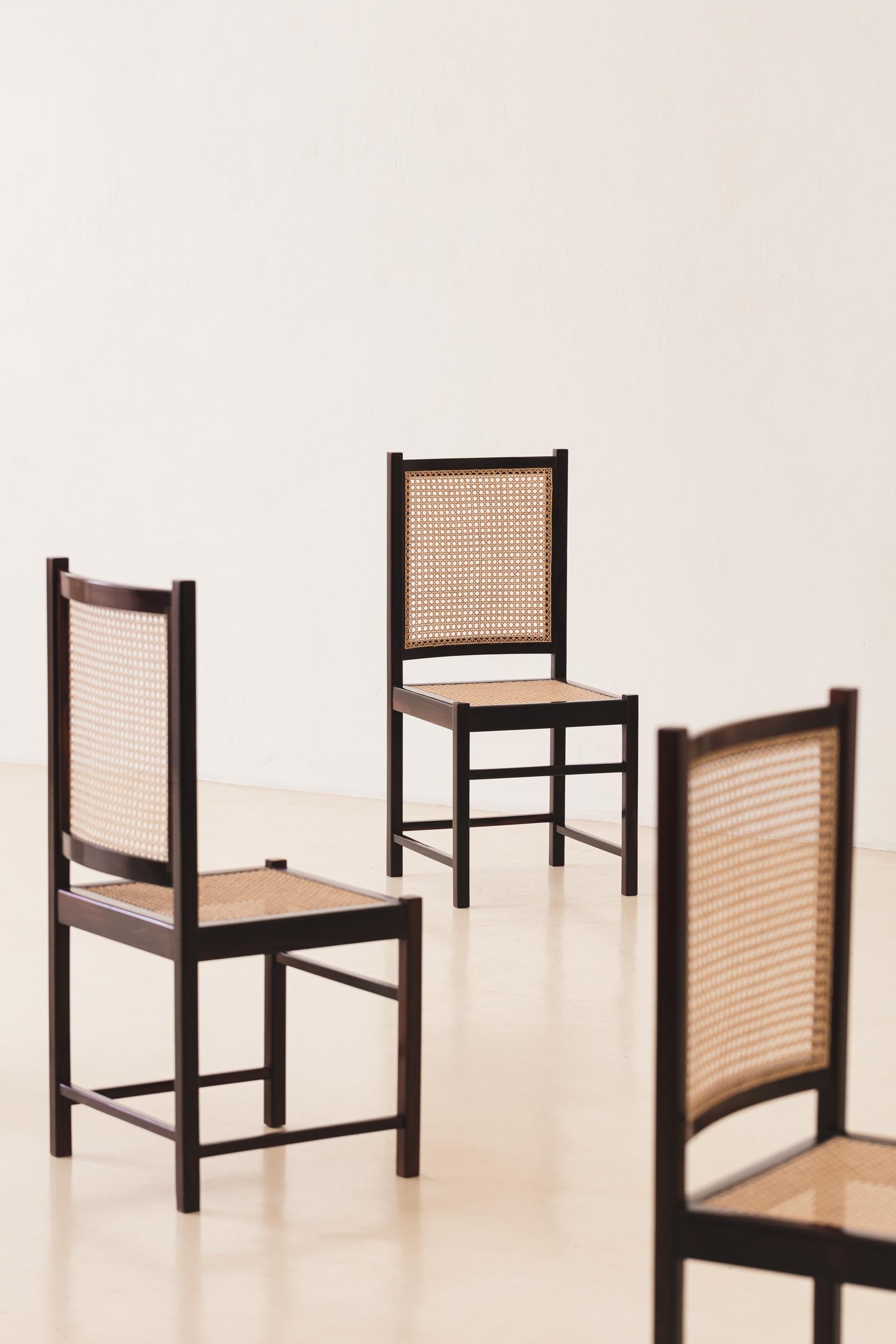Celina Decorações, Set of Eight Solid Wood and Cane Chairs, Brazilian Midcentury In Good Condition For Sale In New York, NY