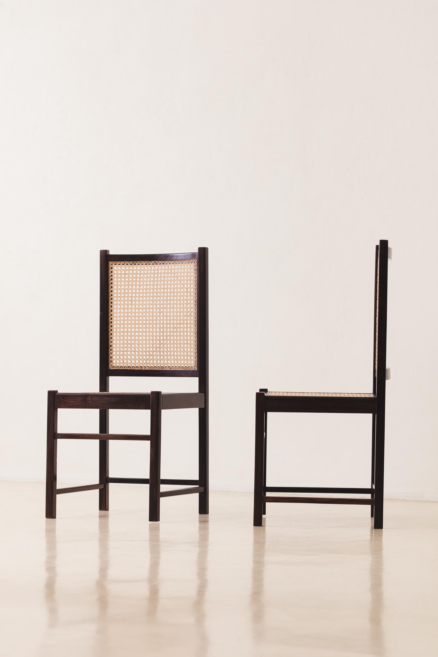Mid-20th Century Celina Decorações, Set of Eight Solid Wood and Cane Chairs, Brazilian Midcentury For Sale