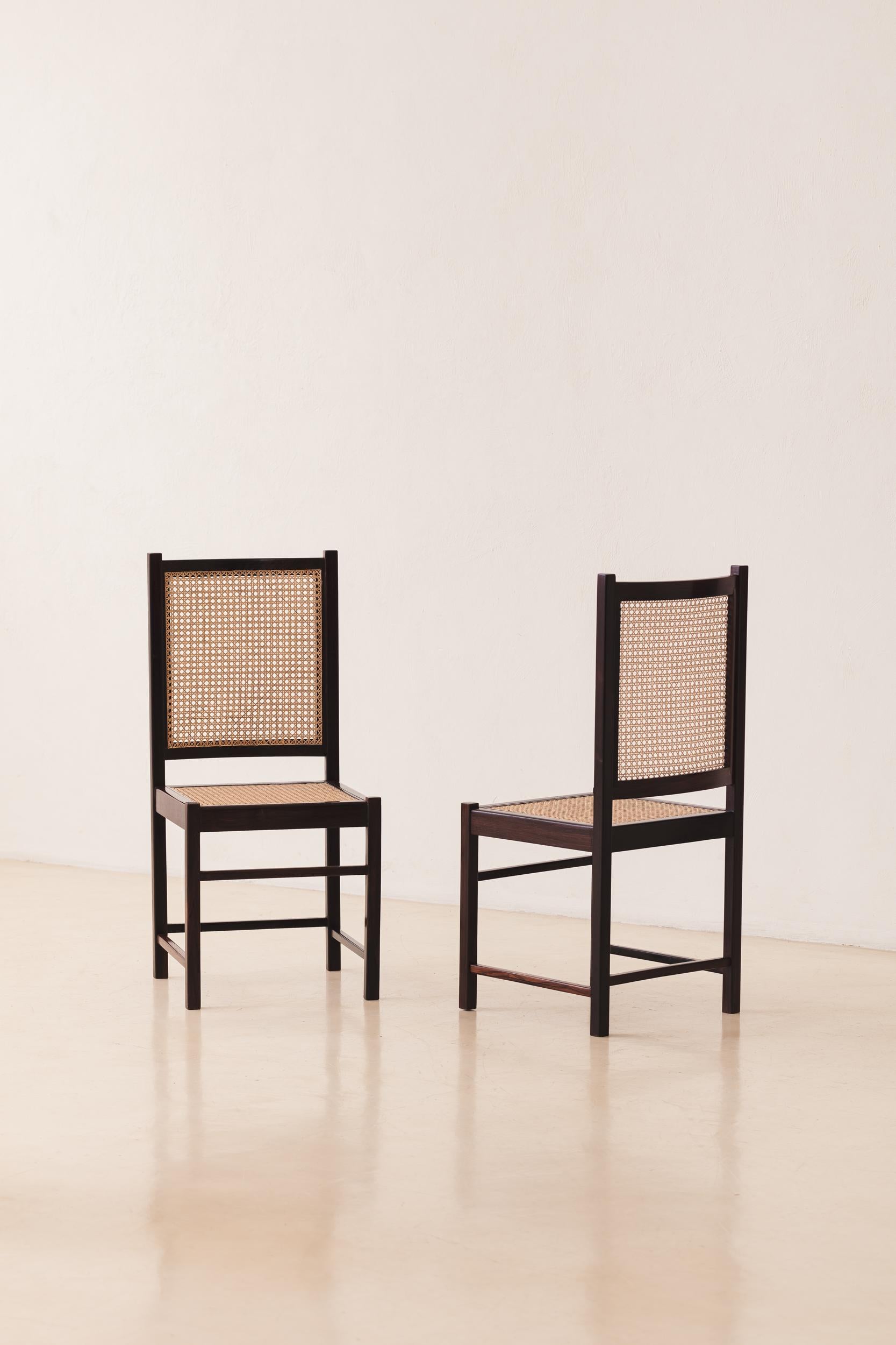 Celina Decorações, Set of Eight Solid Wood and Cane Chairs, Brazilian Midcentury For Sale 1