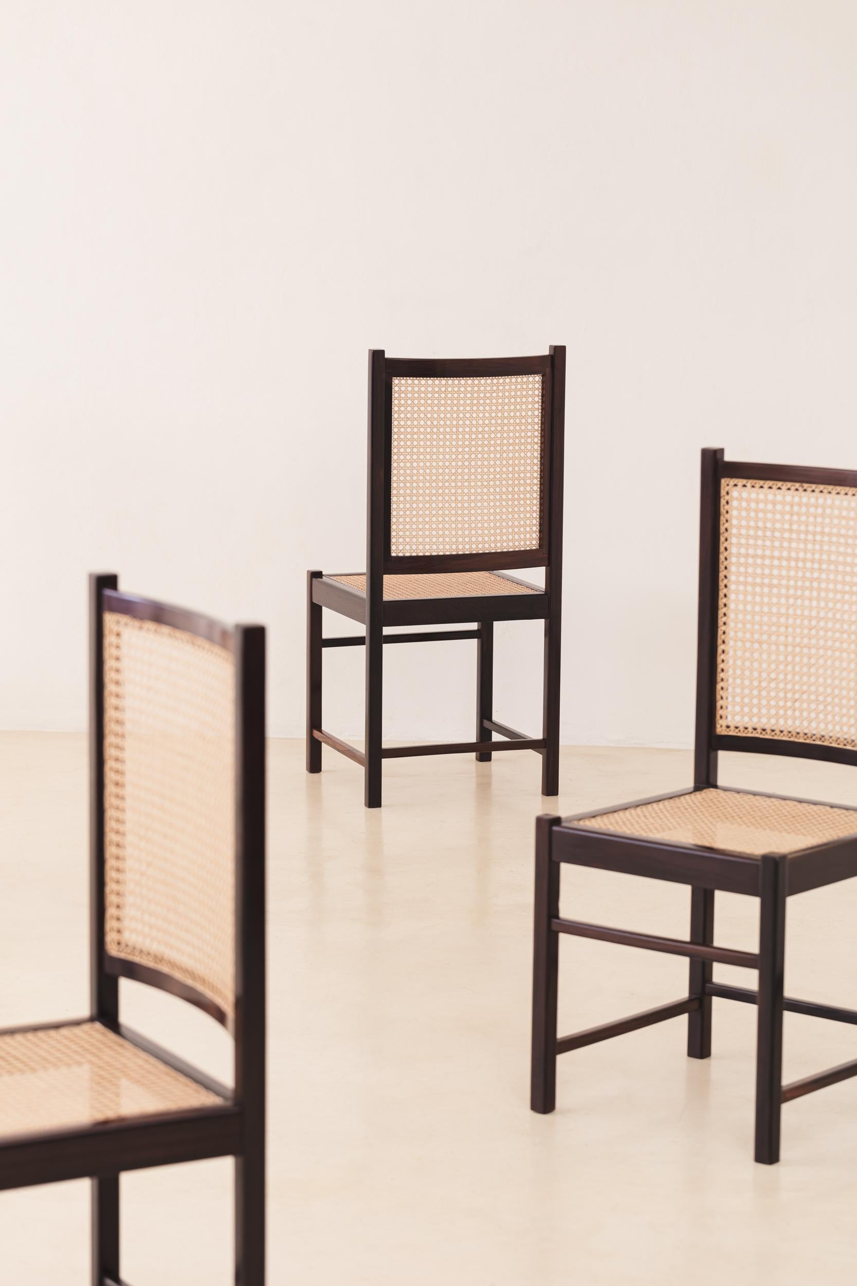 Celina Decorações, Set of Eight Solid Wood and Cane Chairs, Brazilian Midcentury For Sale 3