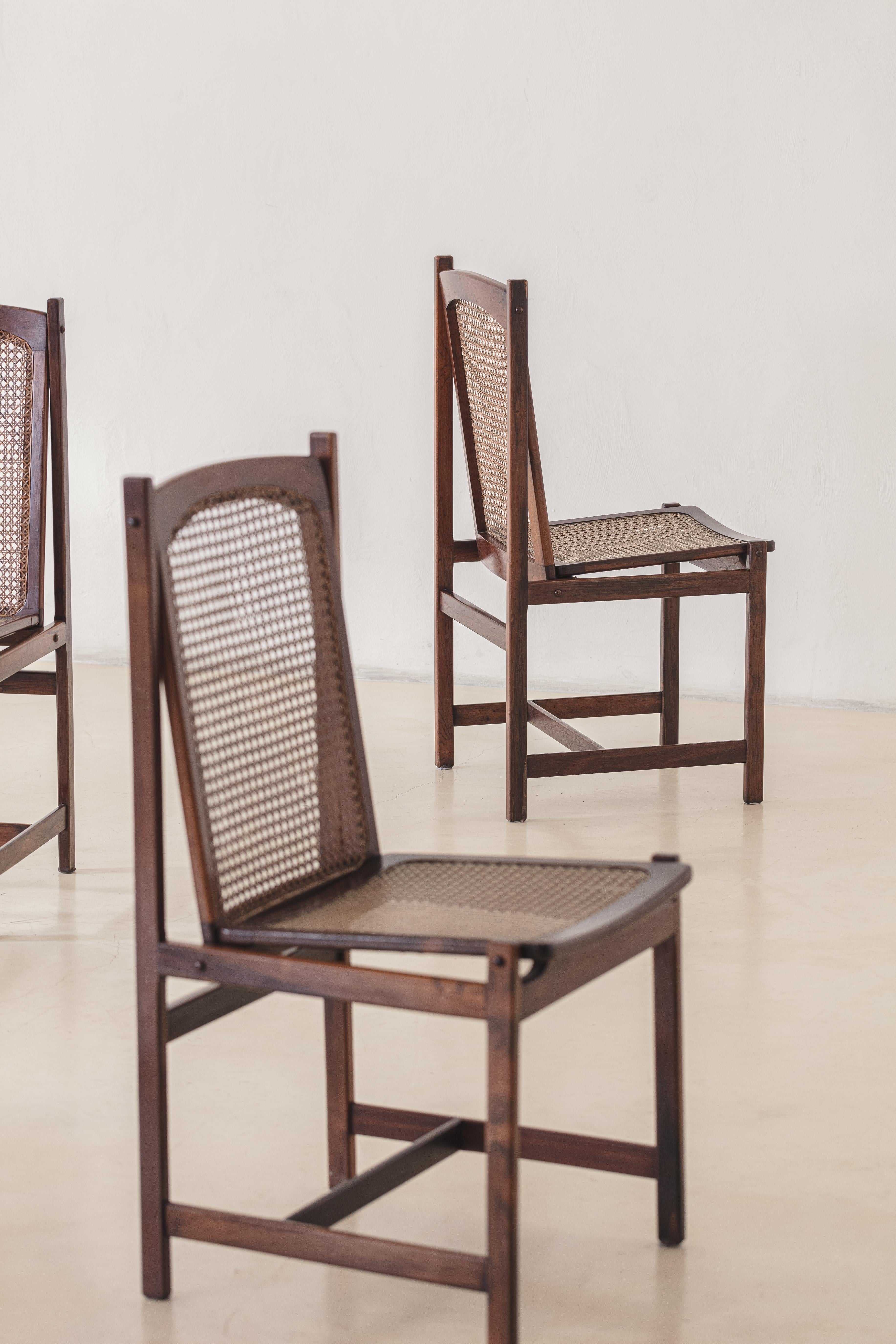 Mid-Century Modern Celina Decorações Set of Six Dining Chairs, Rosewood and Cane, Midcentury 1960s For Sale