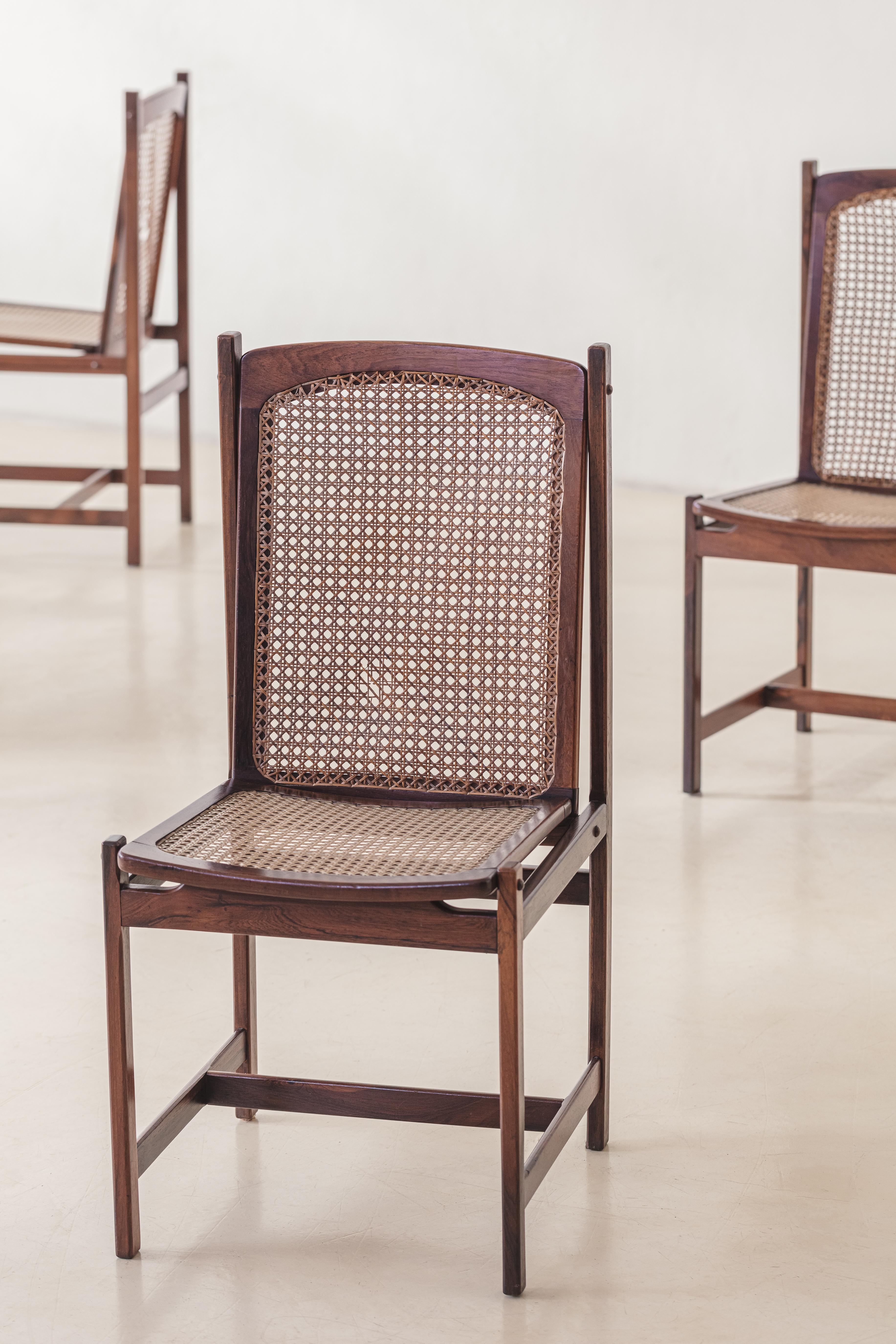 Woven Celina Decorações Set of Six Dining Chairs, Rosewood and Cane, Midcentury 1960s For Sale