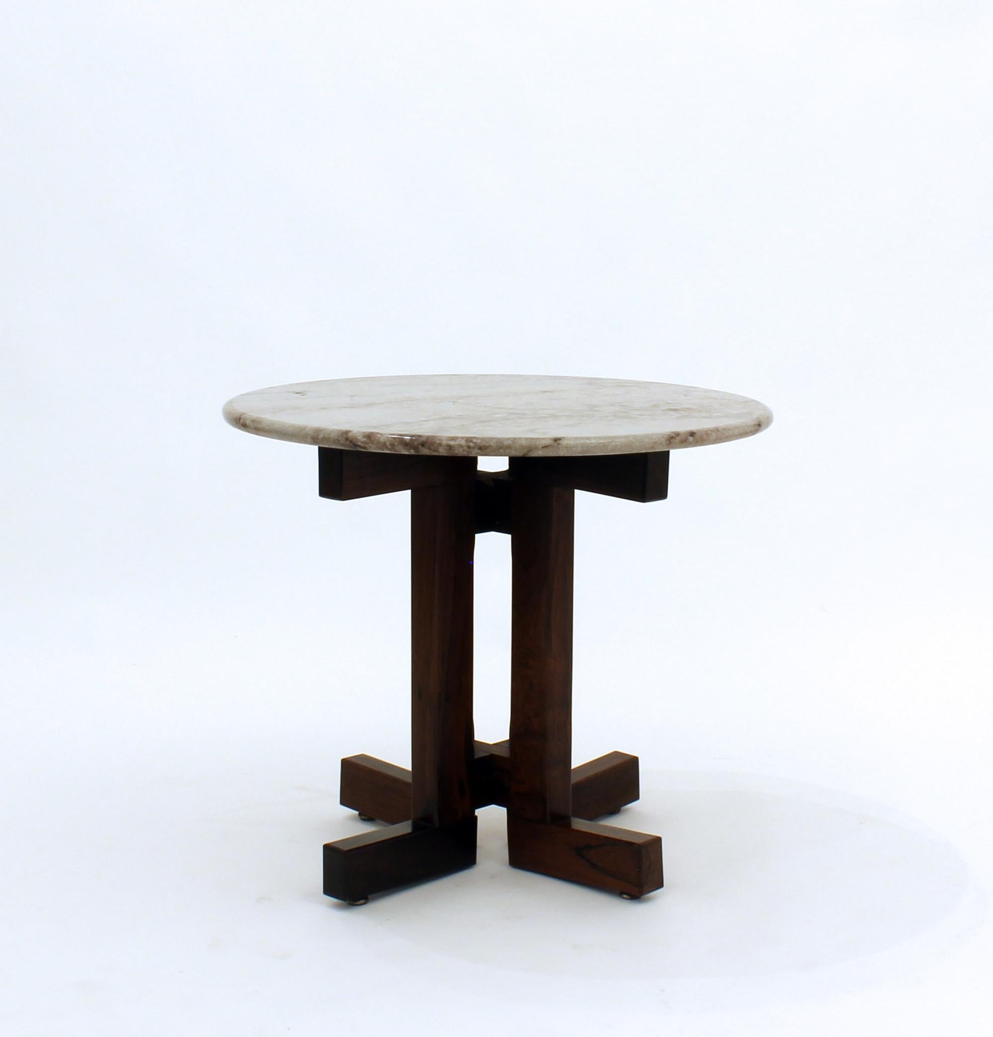 Elegant and sophisticated vintage side table by Brazilian company Celina Decorações. Modern lines with rich high quality Brazilian wood and marble give this small table a significant yet subtle presence. Contains manufacturer's original label