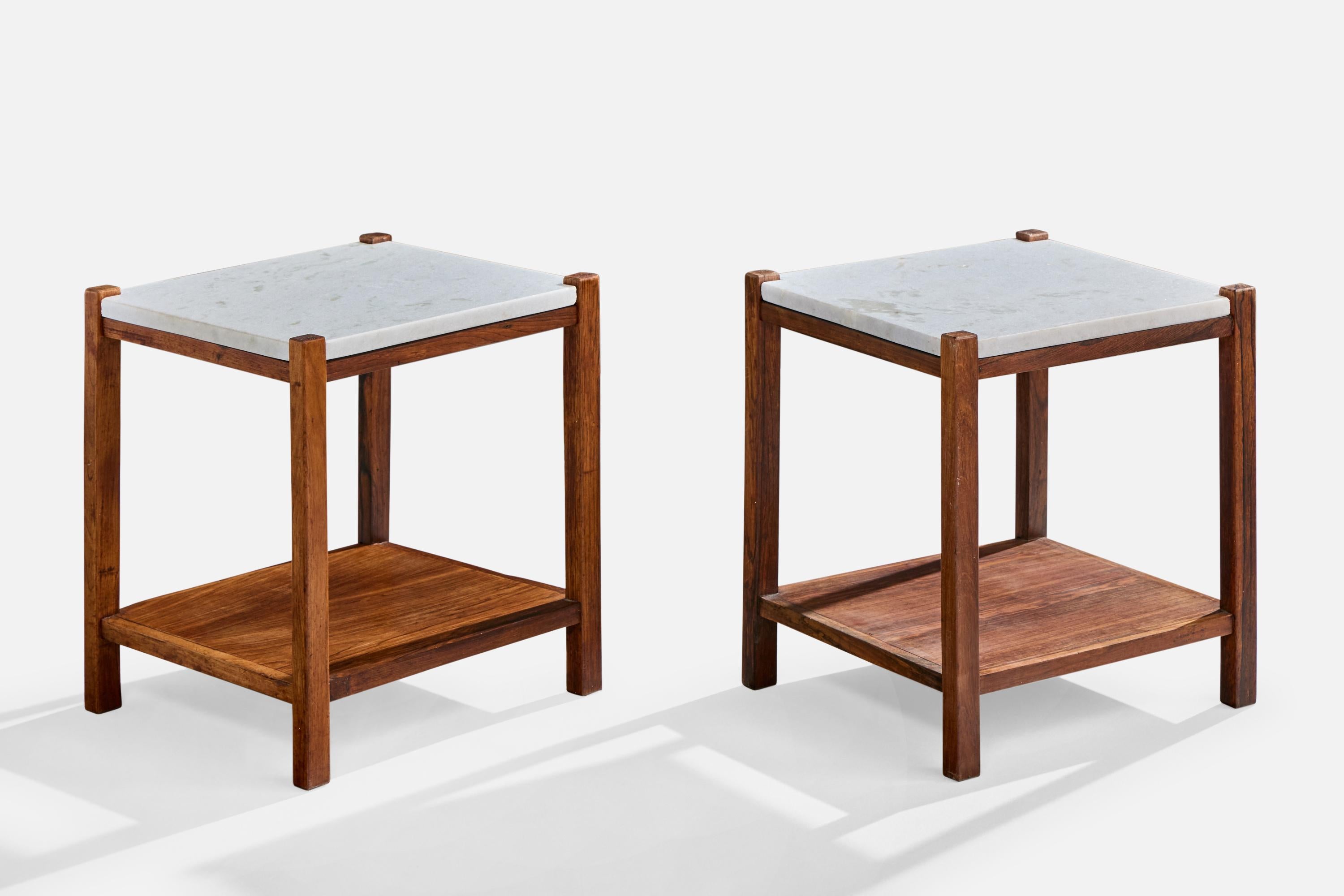 A pair of wood and marble side table produced by Celina Decorações, Rio de Janeiro, Brazil, c. 1960s.

Dimensions: 17.75” H x 15.9” W x 13.9” D