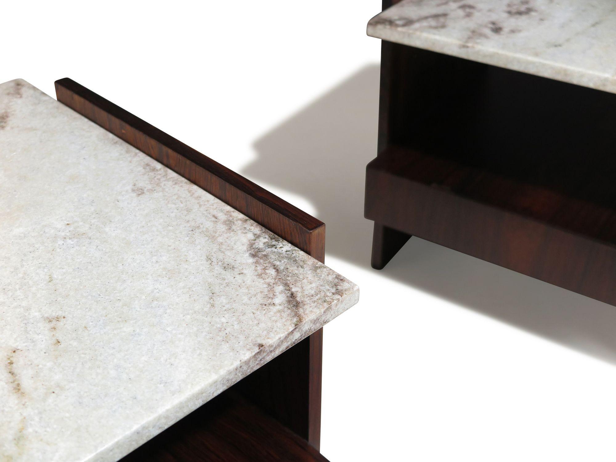 Pair of Celina Zilberberg for Celina Decorações side tables in rosewood with marble top and drawer.
Measurements

W 21.75'' x D 21.75'' x H 19.75''