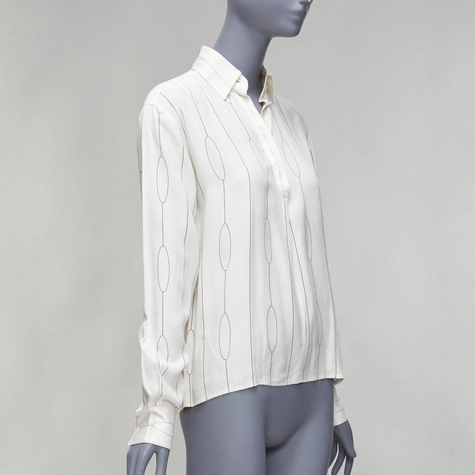 Gray CELINE 100% silk cream oval linear half placket blouse shirt FR34 XS For Sale