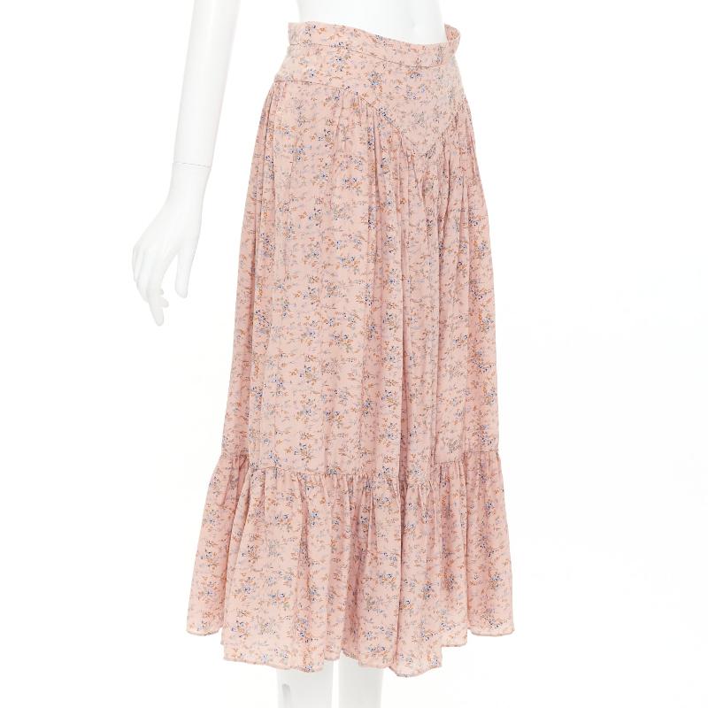 Beige Celine 100% soie rose bleu imprimé floral prairie jupe midi FR38 M en vente