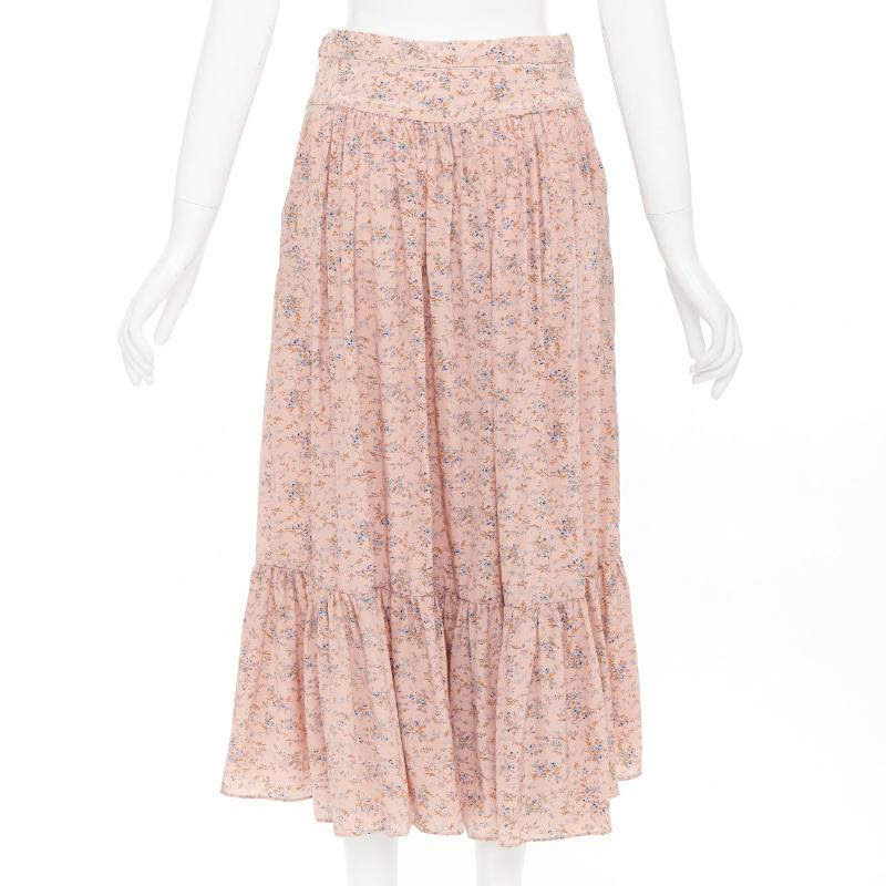 Celine 100% soie rose bleu imprimé floral prairie jupe midi FR38 M Pour femmes en vente