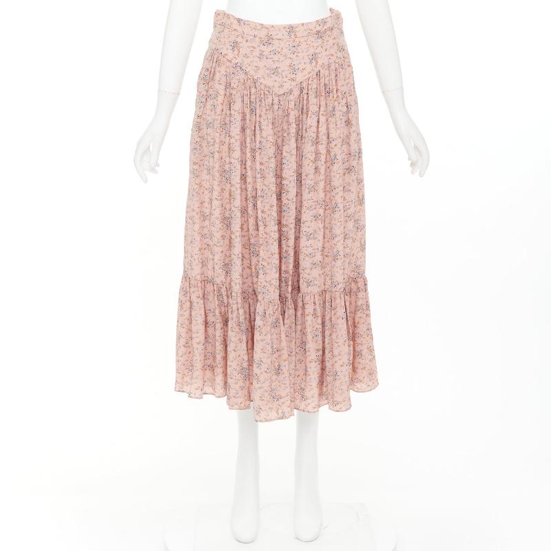 Celine 100% soie rose bleu imprimé floral prairie jupe midi FR38 M en vente 4