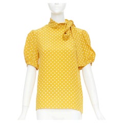 CELINE  100% silk yellow polka dot side pussybow puff sleeves blouse top FR36 S