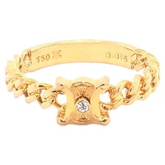 Celine 18 Karat Gold Logo Diamond Ring, Cuban Link Designer Ring