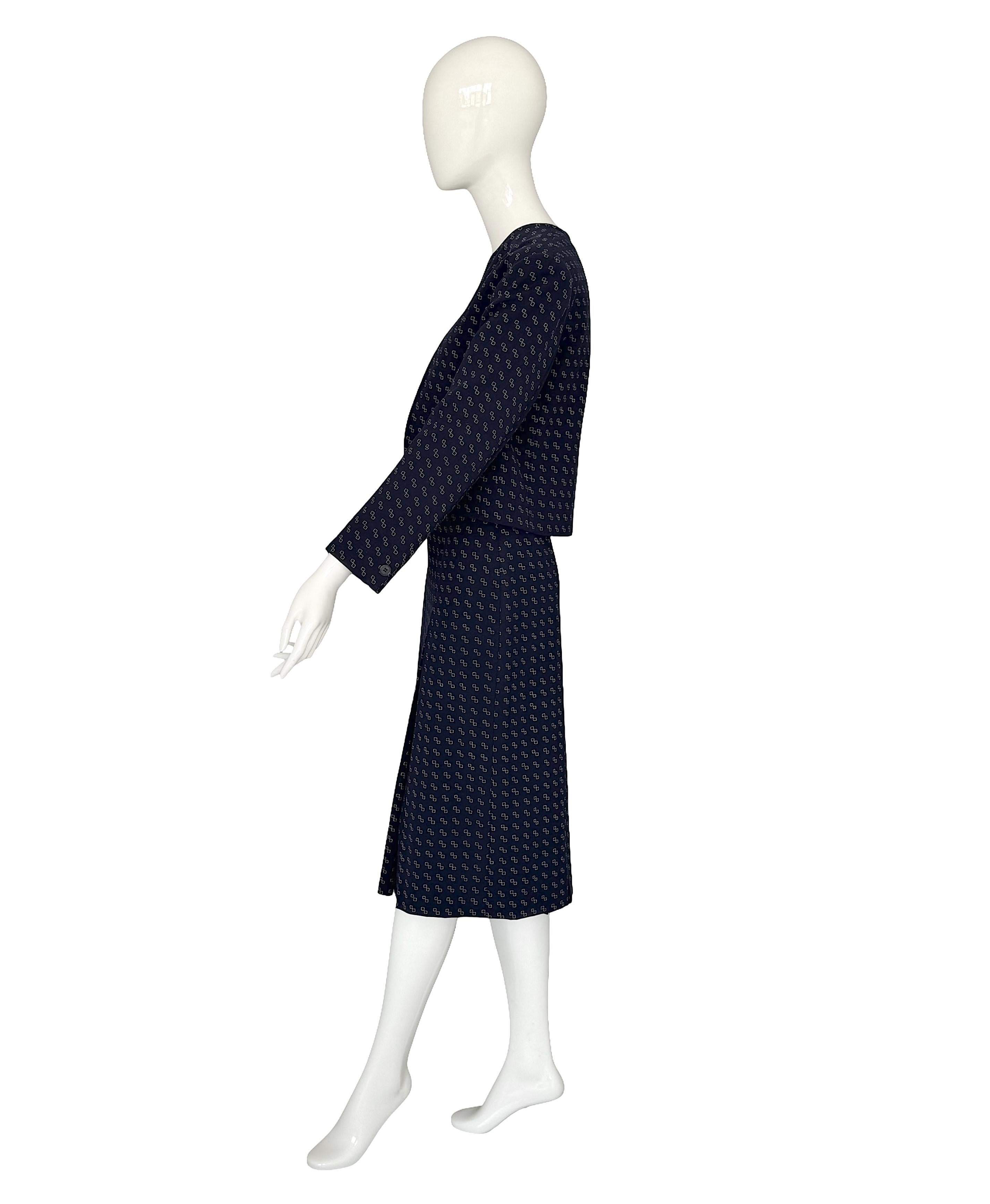 Céline by Céline Vipiana Wool Navy Blue/White Patterned Two Piece Skirt Suit For Sale 6