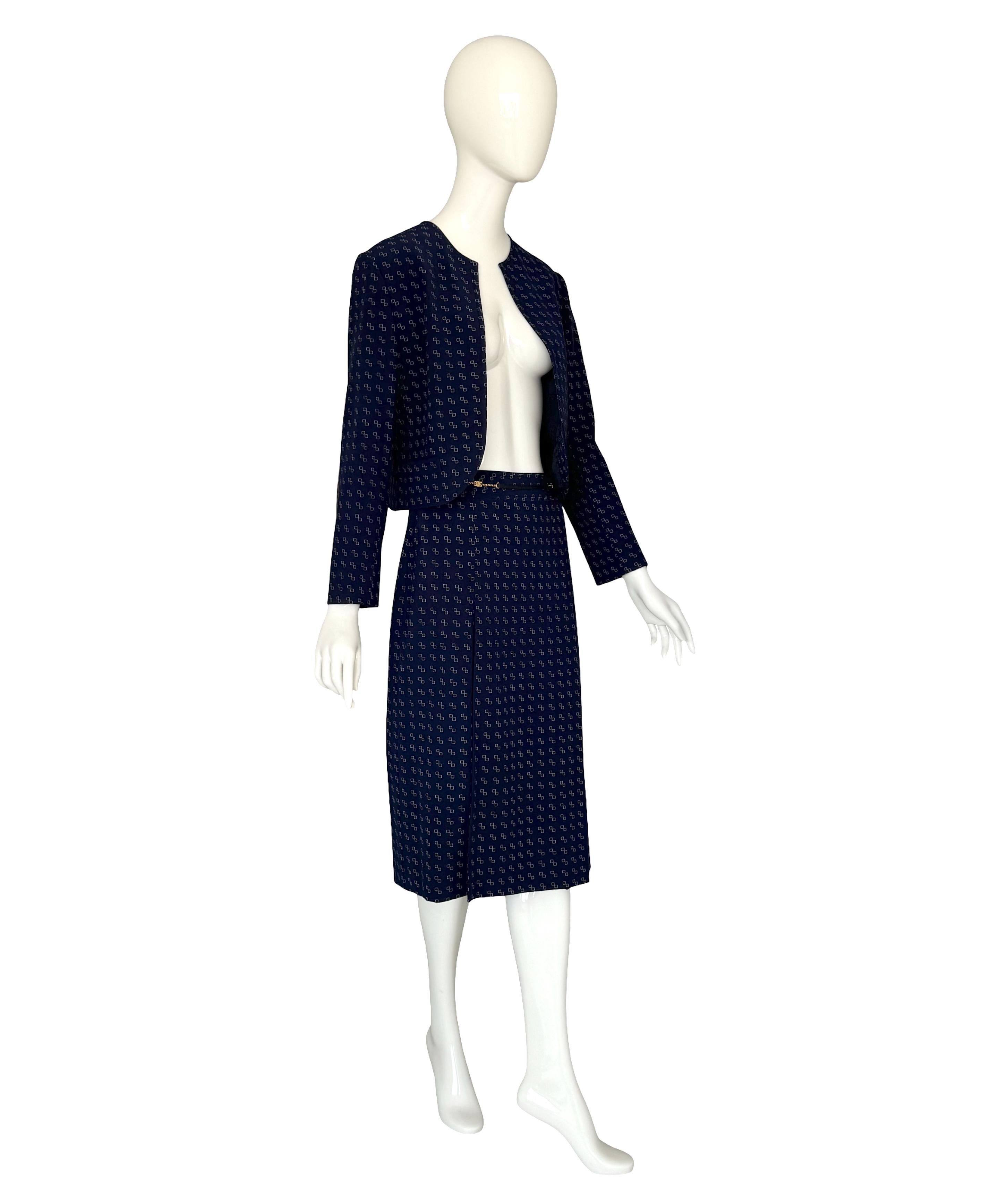 Céline by Céline Vipiana Wool Navy Blue/White Patterned Two Piece Skirt Suit For Sale 7