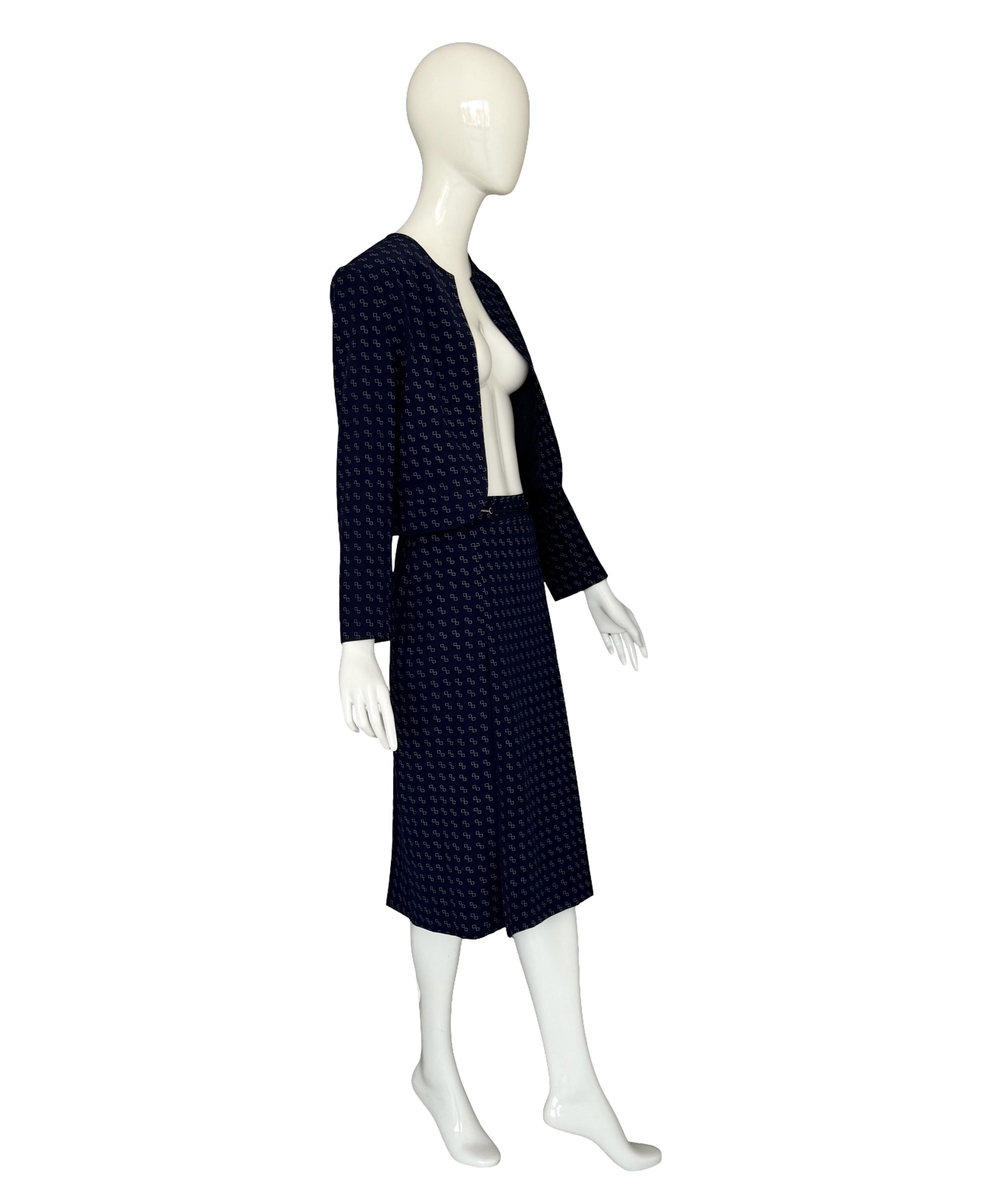 Céline by Céline Vipiana Wool Navy Blue/White Patterned Two Piece Skirt Suit For Sale 8