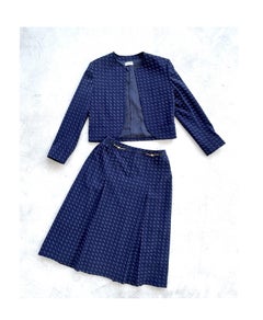 Céline by Céline Vipiana Wool Navy Blue/White Patterned Two Piece Skirt Suit