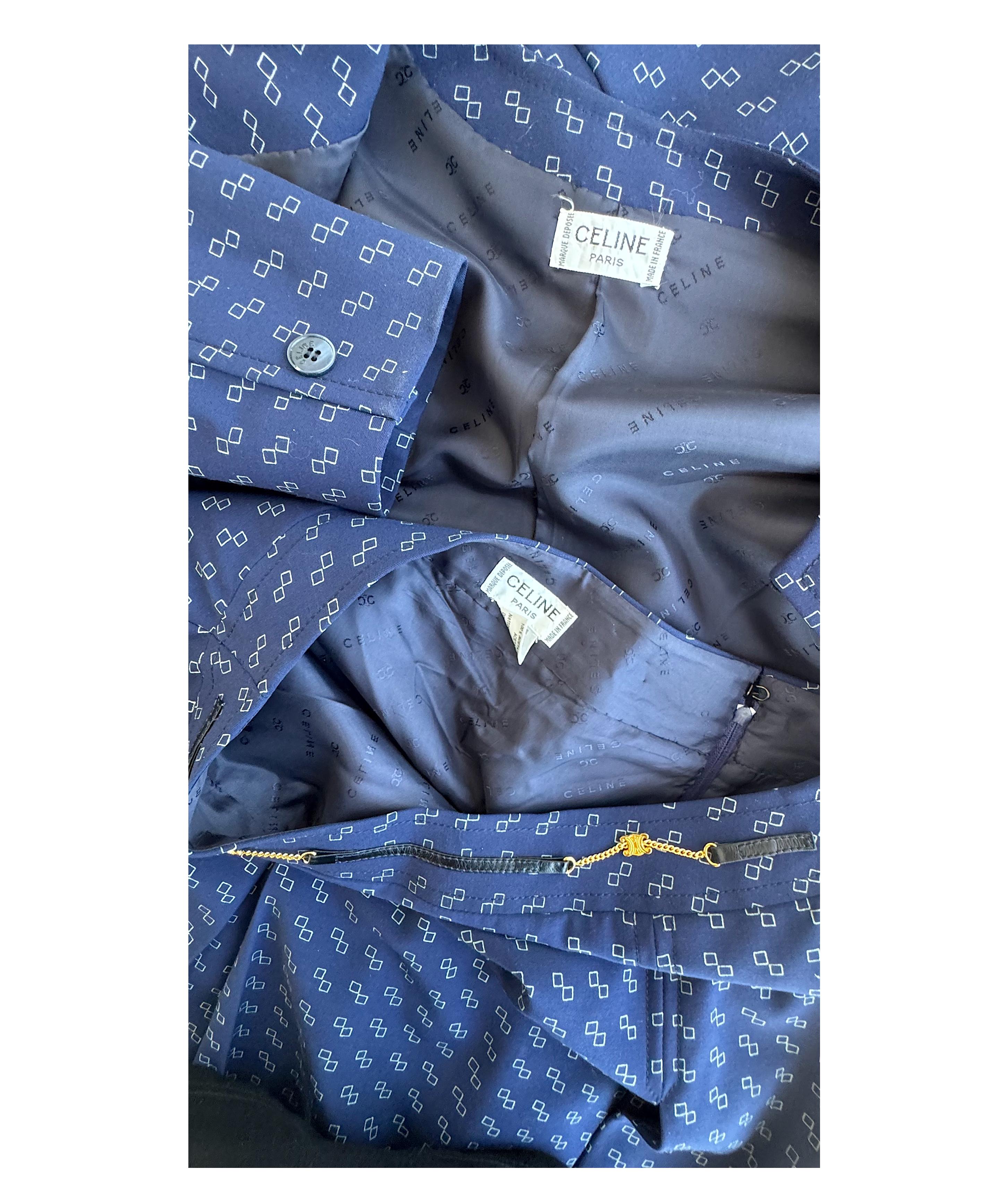 Black Céline by Céline Vipiana Wool Navy Blue/White Patterned Two Piece Skirt Suit For Sale