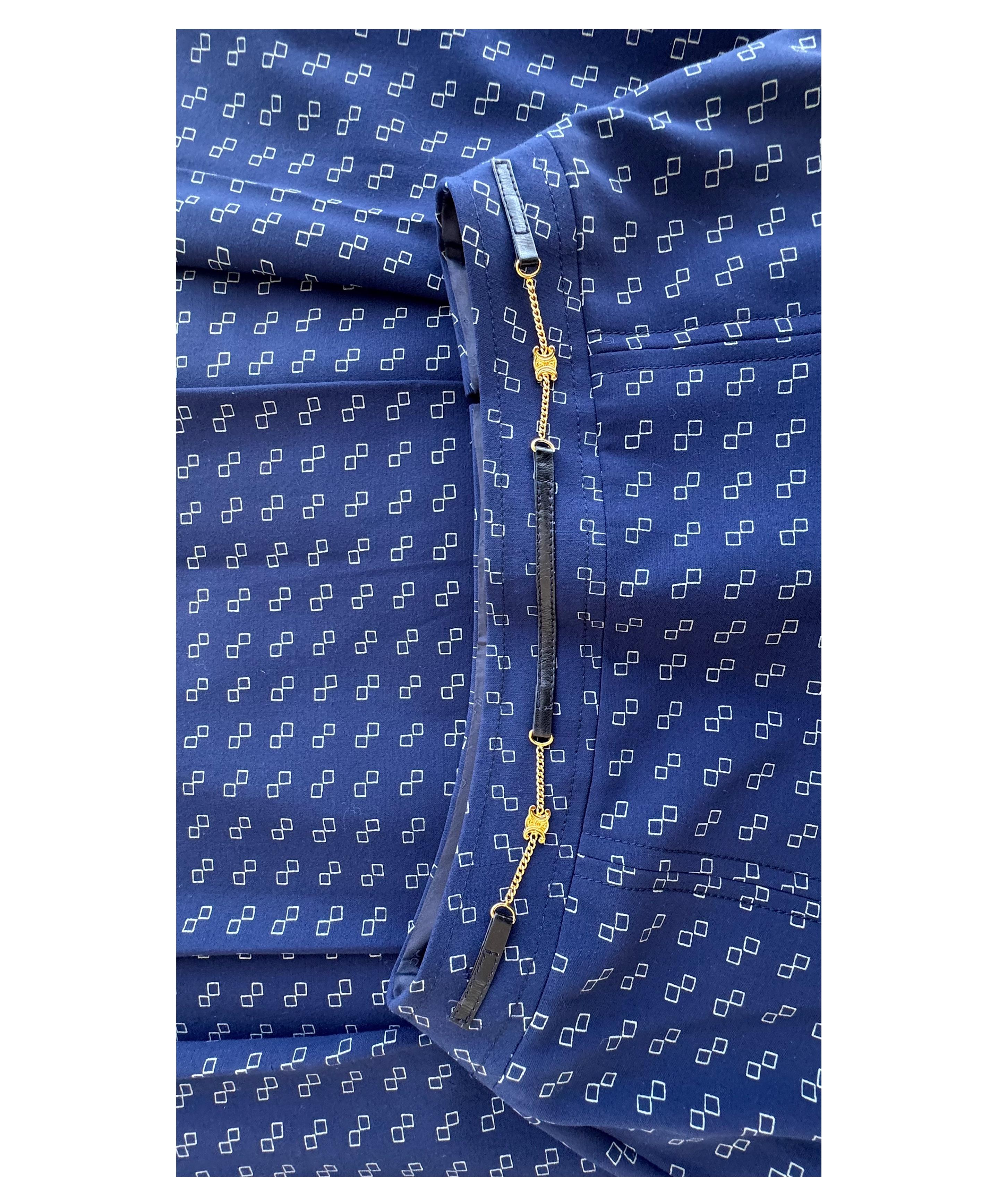 Céline by Céline Vipiana Wool Navy Blue/White Patterned Two Piece Skirt Suit In Excellent Condition For Sale In Antwerpen, Vlaams Gewest
